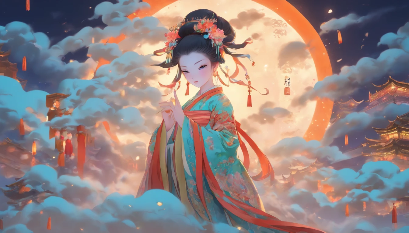 Full moon,Traditional Chinese festivals,fairy,Fairy clothes,Streamers flutter,Hanfu,Flying,mid air,mid-autumn festival,artistic conception,Dunhuang murals,Ultra-high sharpness,超高分辨率,8k