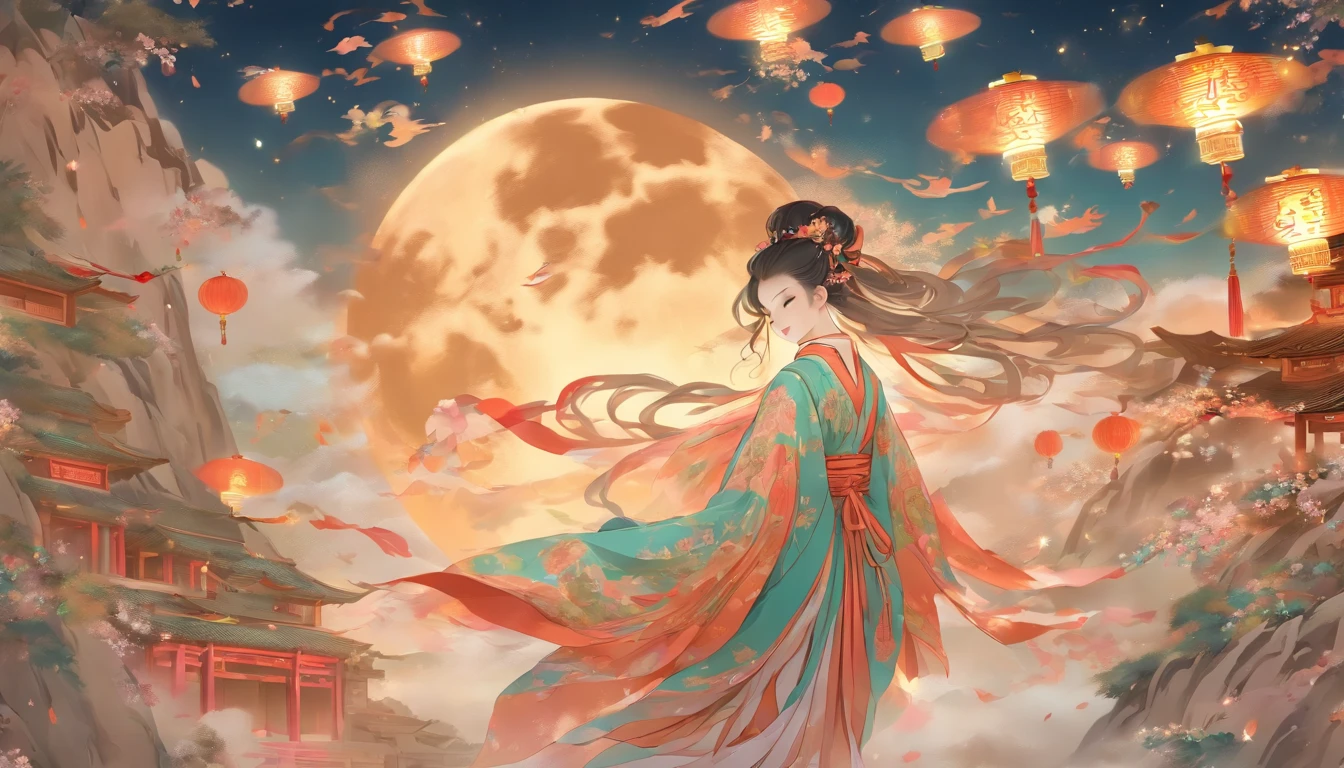 Full moon,Traditional Chinese festivals,fairy,Fairy clothes,Streamers flutter,Hanfu,Flying,mid air,mid-autumn festival,artistic conception,Dunhuang murals,Ultra-high sharpness,超高分辨率,8k