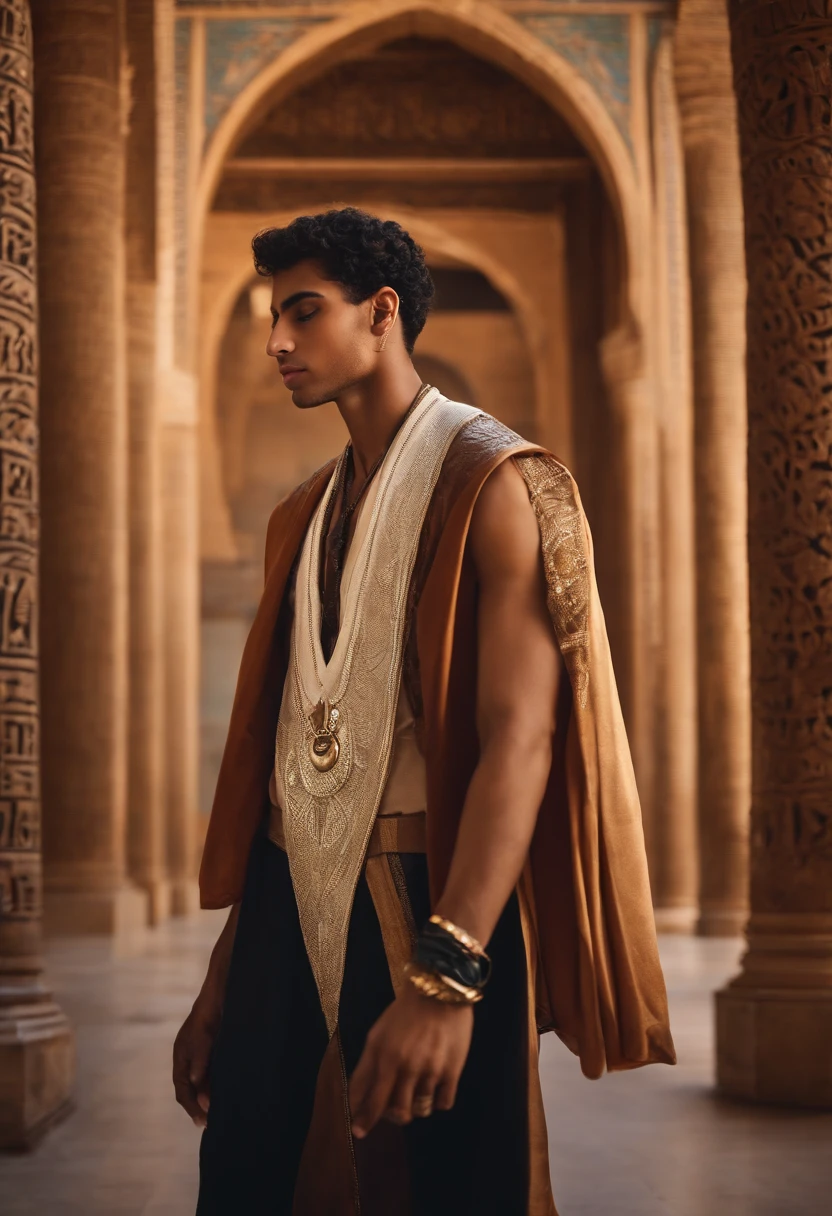 The Middle Ages, the ancient Arab state, the magnificent ancient Arab palace of Agrabah. Tall, handsome, statuesque, masculine adult man, tanned skin, attractive good looks, long straight platinum hair, blue eyes, athletic build, Arab prince dressed in ancient Arab clothes, beautiful figure. Realistic image. Masterpiece, perfect image, realistic photos, full-length image, 8K, detailed image, extremely detailed illustration, a real masterpiece of the highest quality, with careful drawing.