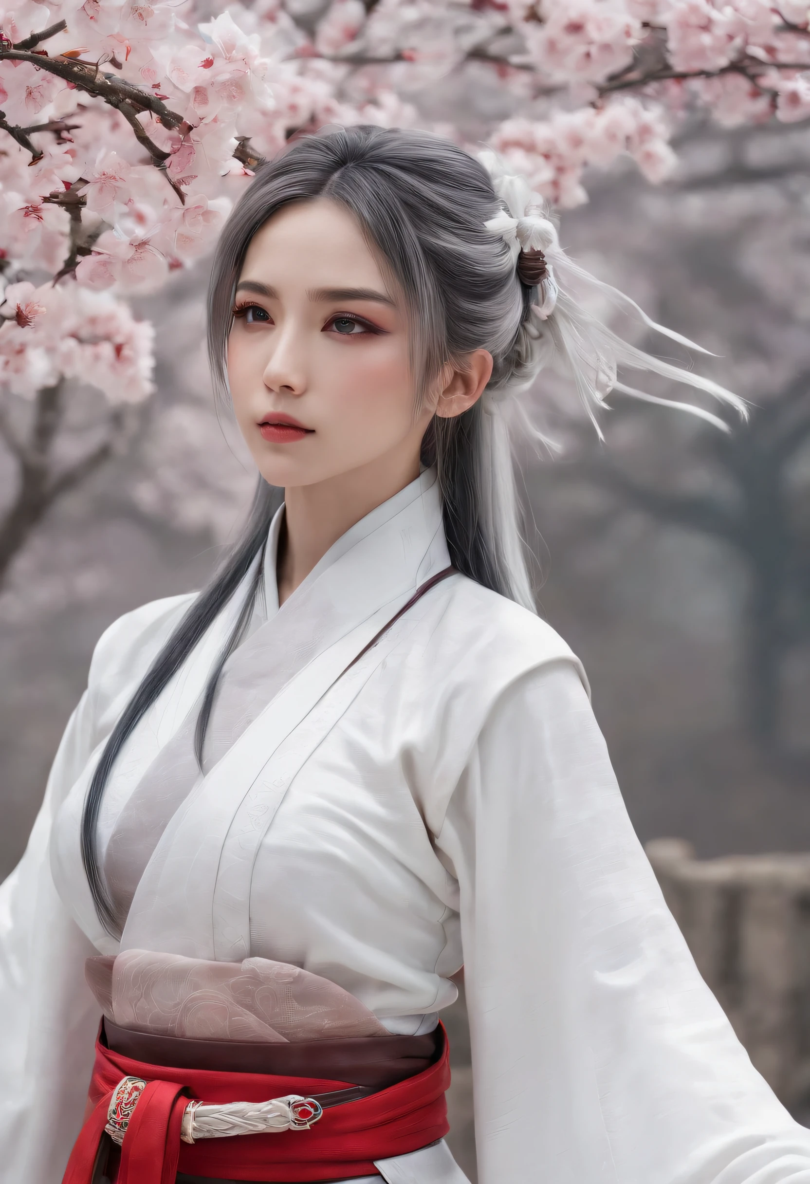 Cirilla Fiona Elen Riannon，动态照明，art  stations，poster for，voluminous lighting，Very detailed faces，4k wallpaper，He has a gentle and beautiful face，Long flowing hair，pony tails，Fringed Hair Ornament，Dynamic perspective，White Hanfu，White gauze flying，Red belt，Sexy，The tradition of Chinese ink painting，surrounded by cloud，cherry blossom，fog atmosphere，Ride the white dragon，White dragon horn，dynamic viewing angle，电影灯光