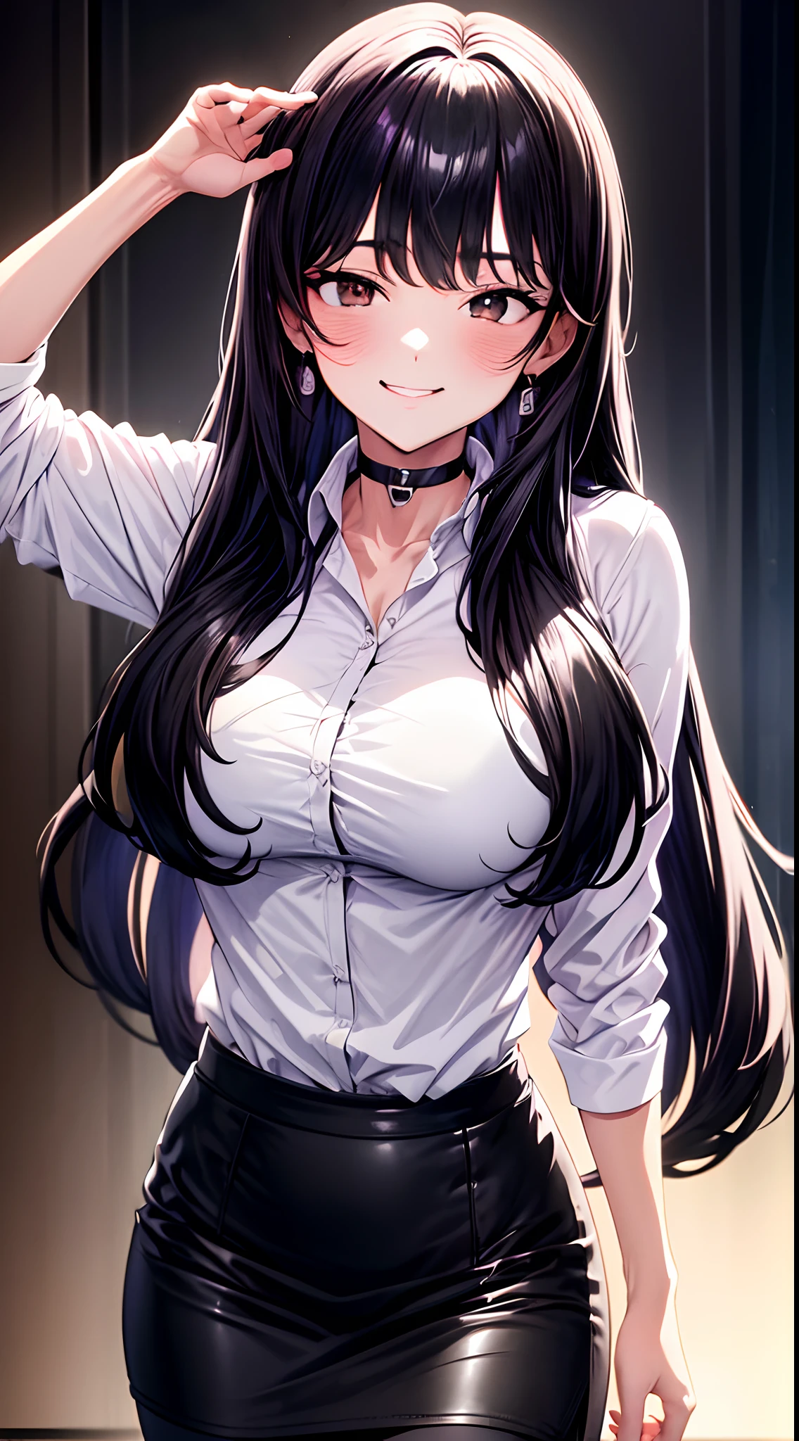 8k, highres, ultra detailed, (masterpiece:1.4), best quality, symmetrical body, (white shirt:1.4), (black pencil leather skirt:1.4), choker, cute, solo, earrings, long hair, dark purple hair, Brown eyes, glow effect, finely eye, grinning, wide smile, detailed face, looking at viewer, smilling at viewer, office, standing, angled view, medium size breasts, teasing, seductive look