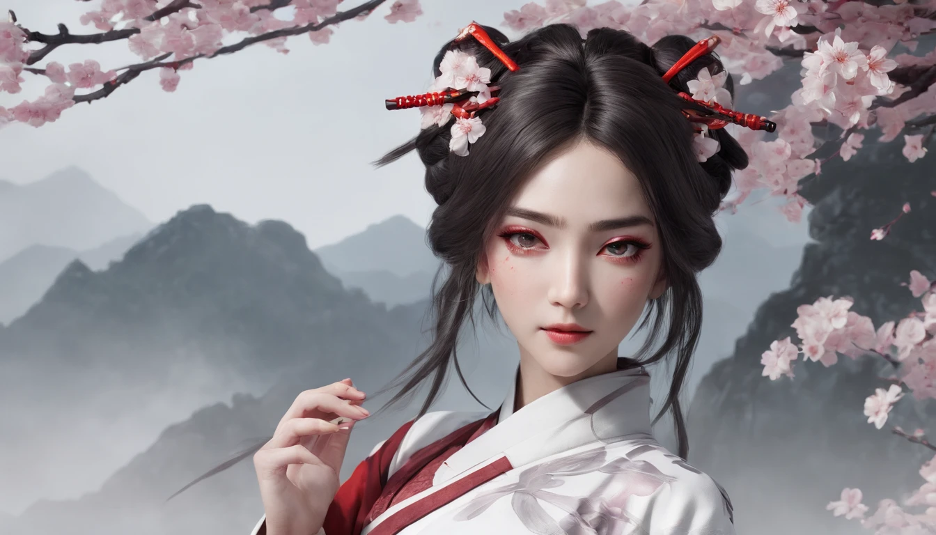 Cirilla Fiona Elen Riannon,动态照明,art stations,poster for,voluminous lighting,Very detailed faces,4k wallpaper,He has a gentle and beautiful face,Long flowing hair,pony tails,Fringed Hair Ornament,Dynamic perspective,White Hanfu,White gauze flying,Red belt,Sexy,The tradition of Chinese ink painting,surrounded by cloud,cherry blossom,fog atmosphere,Ride the white dragon,White dragon horn,dynamic viewing angle,电影灯光