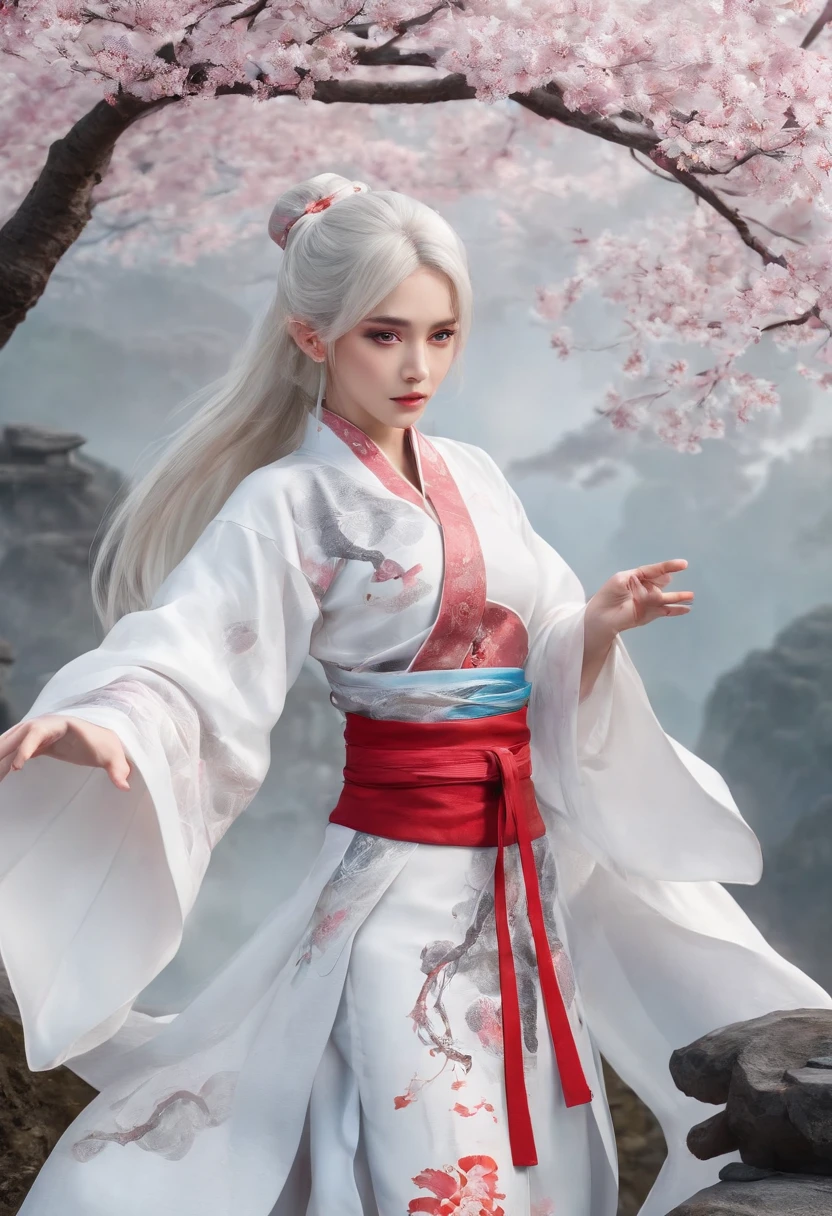 Cirilla Fiona Elen Riannon,动态照明,art stations,poster for,voluminous lighting,Very detailed faces,4k wallpaper,He has a gentle and beautiful face,Long flowing hair,pony tails,Fringed Hair Ornament,Dynamic perspective,White Hanfu,White gauze flying,Red belt,Sexy,The tradition of Chinese ink painting,surrounded by cloud,cherry blossom,fog atmosphere,Ride the white dragon,White dragon horn,dynamic viewing angle,电影灯光