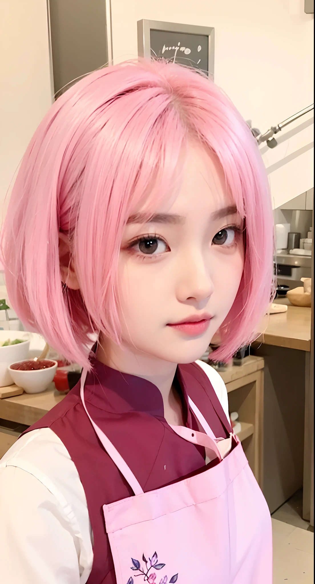 Real life adaption of this character, korean  beauty face , realistic outfit , realistic pink short hair,realistic shadow, realistic light, realism, hyper realistic, realistic background,(photorealistic:1.2), looking to viewer,wear apron with flower design on corner apron