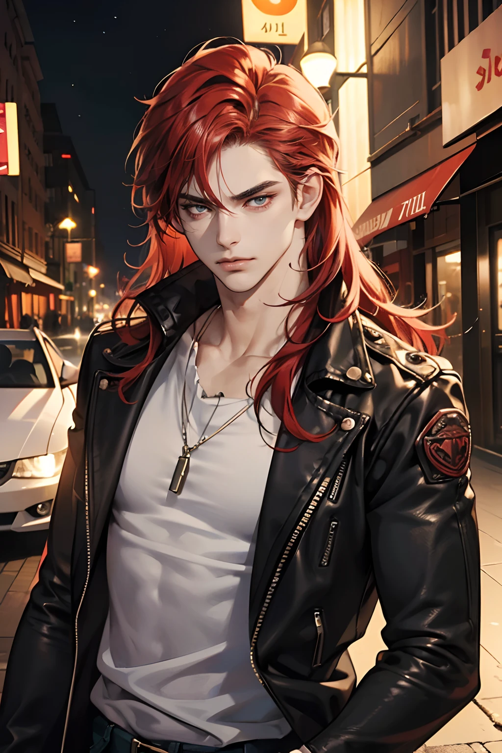 (tmasterpiece, high resolution, ultra - detailed:1.0), (1 boy, Young male, masculine face), Perfect male body, tall and strong, Adult male, Delicate eyes and delicate face, Extremely detailed CG, Unity 8k wallpaper, Complicated details, Detailed face, (red hair, long messy hair, eye looking to camera, serious faces, frown, black leather jacket, ripped jeans), (street style:1.2), Outdoor, (Street at night), color difference, Depth of field, dramatic shadow, Ray tracing, Best quality, Cinematic lighting, offcial art,Portrait