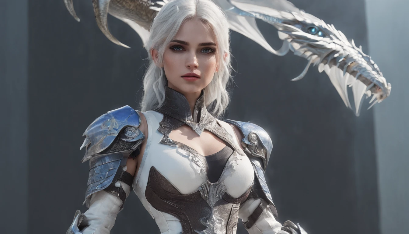 Cirilla Fiona Elen Riannon，Highest image quality，Outstanding details，超高分辨率，（Fidelity：1.4）, Favor the details，closeup cleavage，Ride a dragon，High-tech dragon knight mech，He has a delicate and beautiful face，（（Blue-white flying semi-mechanical fuselage：1.8）），Raised sexy，frontage，Cidade futuristica，mechanically aesthetic，Virtual Engine 5，Perfect detail rendering，rendering by octane，hyper HD