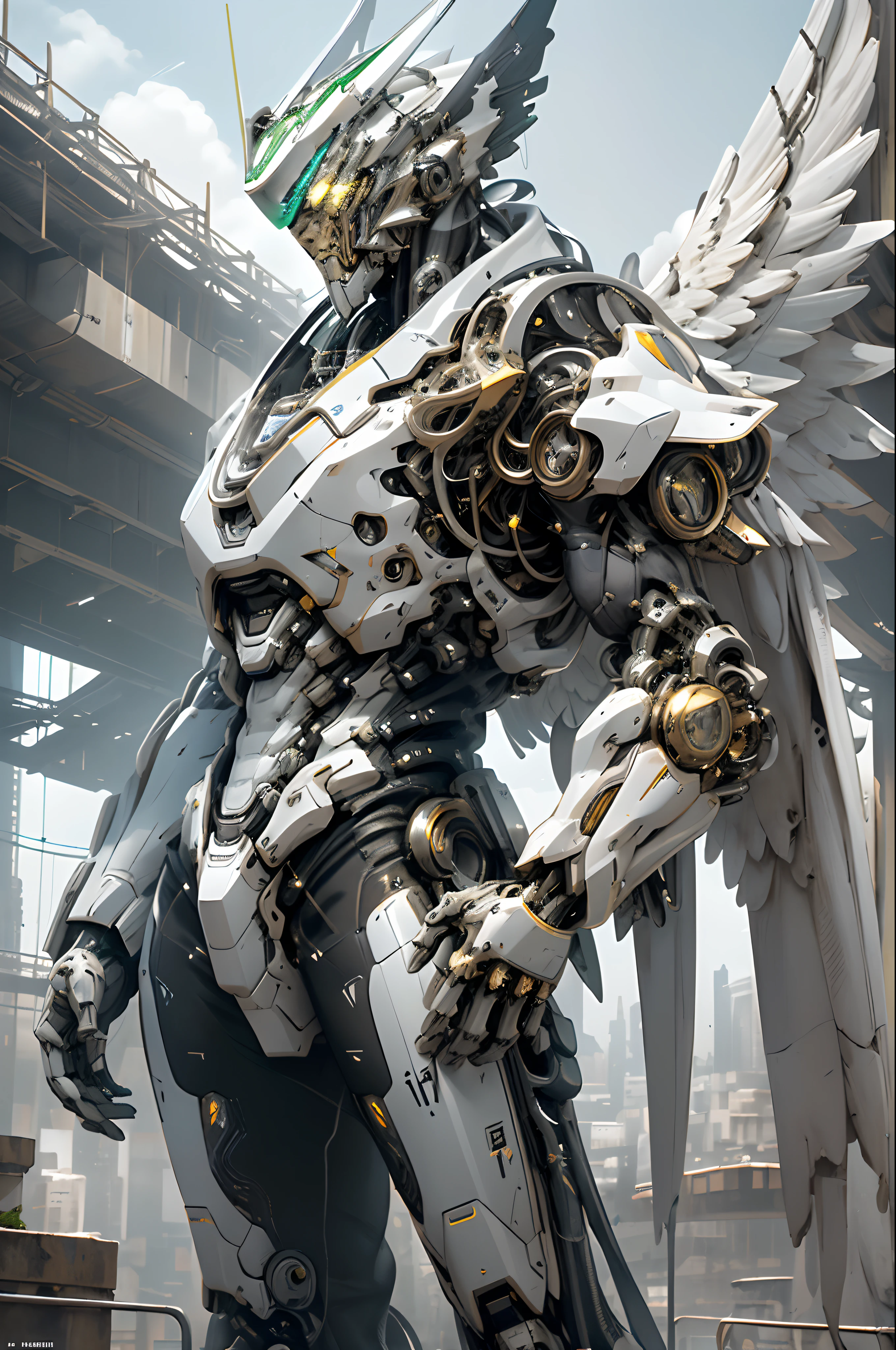masterpiece,  (best quality), (ultra-detailed), (ultra-realistic:1.2), landscape,  sci-fi, transistorpunk,  cyberpunk, biopunk, (magazine cover:1.4), (gray, white),  male huge robot fullbody zoom,   mechanical angel wings on the back, angel wings,  future town, dynamic pose, dynamic angle, , luxury, (gold, silver, green), neon