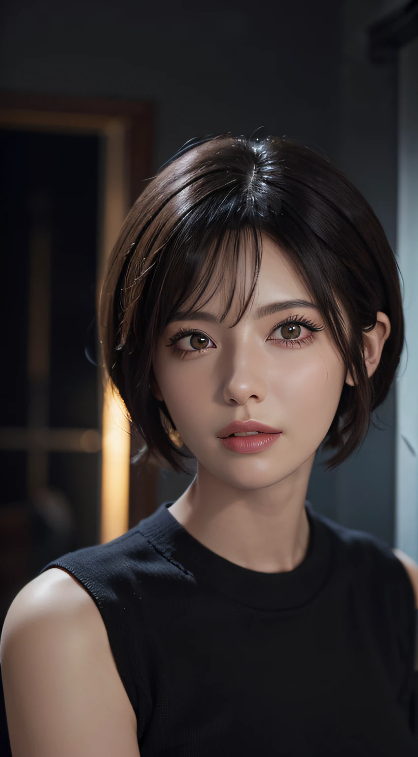(masterpiece:1.3), (8k, photorealistic, RAW photo, best quality: 1.4), (1girl), beautiful face, (realistic face), (black hair, short hair:1.3), beautiful hairstyle, realistic eyes, beautiful detailed eyes, (realistic skin), beautiful skin, (sweater), absurdres, attractive, ultra high res, ultra realistic, highly detailed, golden ratio