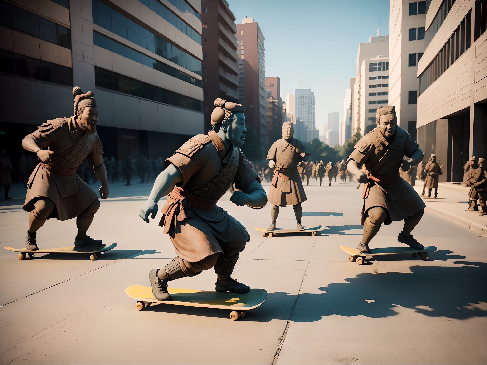 The main stone statue of the terracotta warriors skateboarding sideways at the foot of the block,Perfectcomposition,8K,Facial restoration details