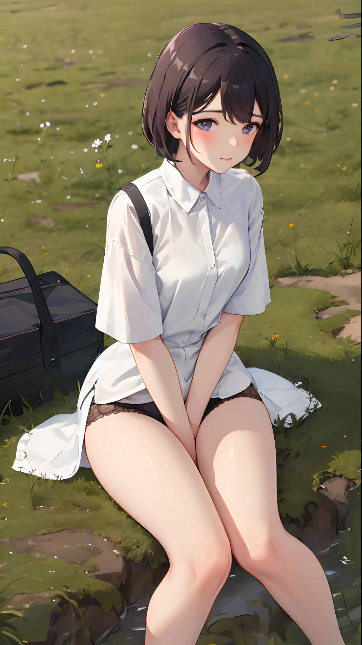 1girll, 独奏, Light white shirt，Exposing thighs,Wear black panties，Wear black stockings，Sit on grass，The chest is large，Perfect hands