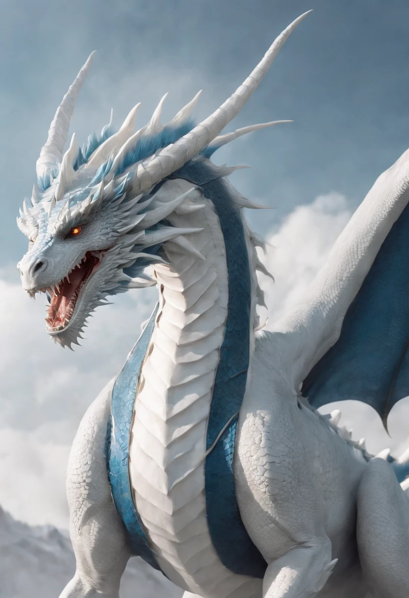 Heavenly-looking white eastern dragon, It has no wings, His look is aggressive, His eyes are white and bright, 