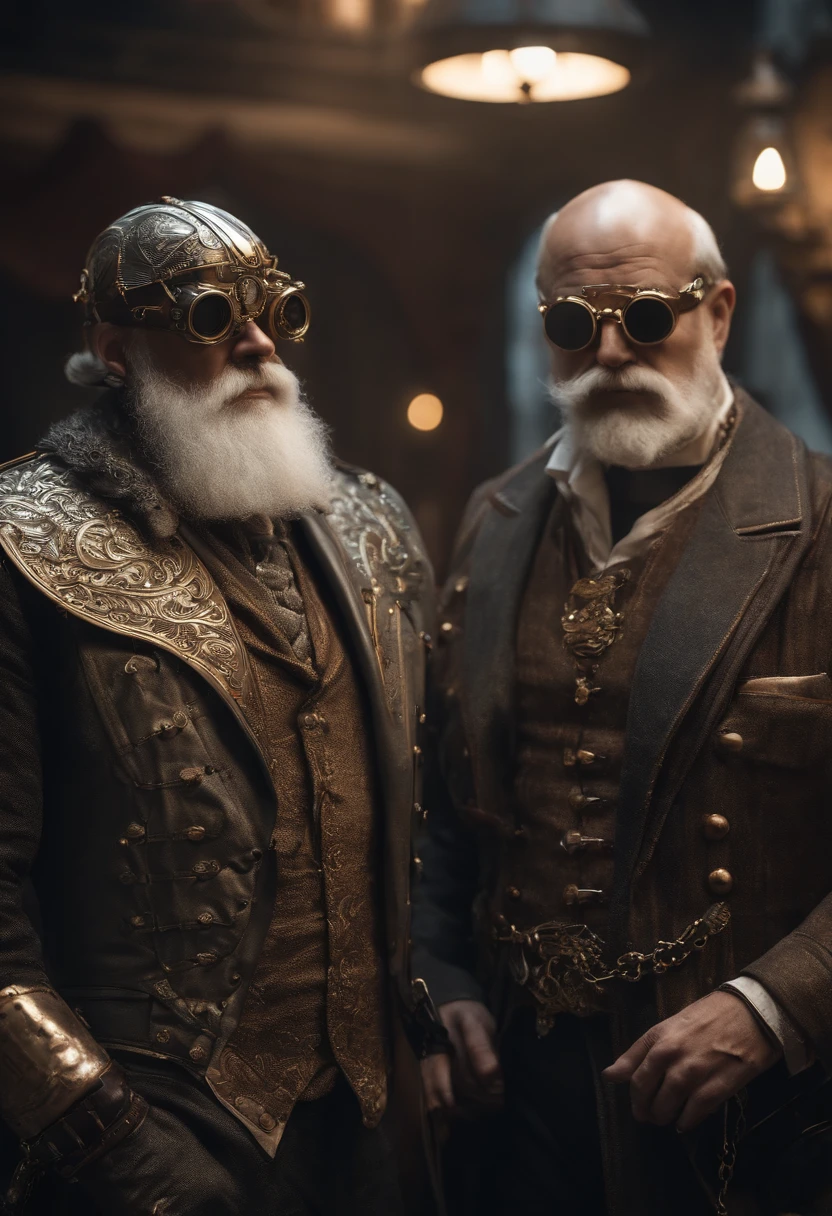 There are two men made out of metal in underpants with white beards standing next to each other, ils sont torse nu, ils ont un gros ventre, un homme porte des lunettes et l'autre un monocle, cyborg, cyberpunk style, steam-punk style, ((intricate details)), (best quality,4k,8k,highres,masterpiece:1.2), ((intricate details, realistic, photo-realistic, photo-realistic:1.37)), cinematic shot