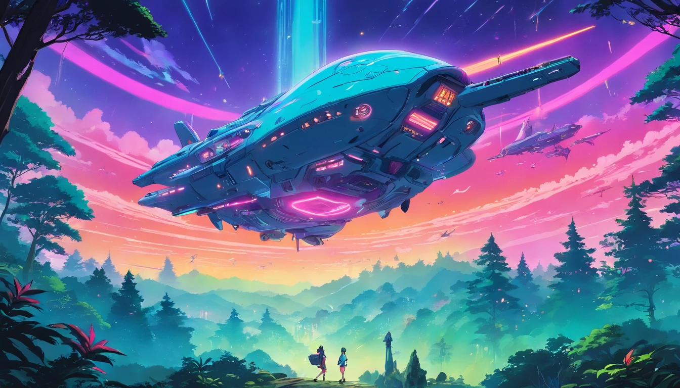 “((Best quality)), ((masterpiece)), ((dreamy)), ((synthwave punk)),"Imagine a dreamy fantastical dreamscape of detailed "spaceship sci fi anime" in forest, background are flying aliens monsters flying dragons in forest