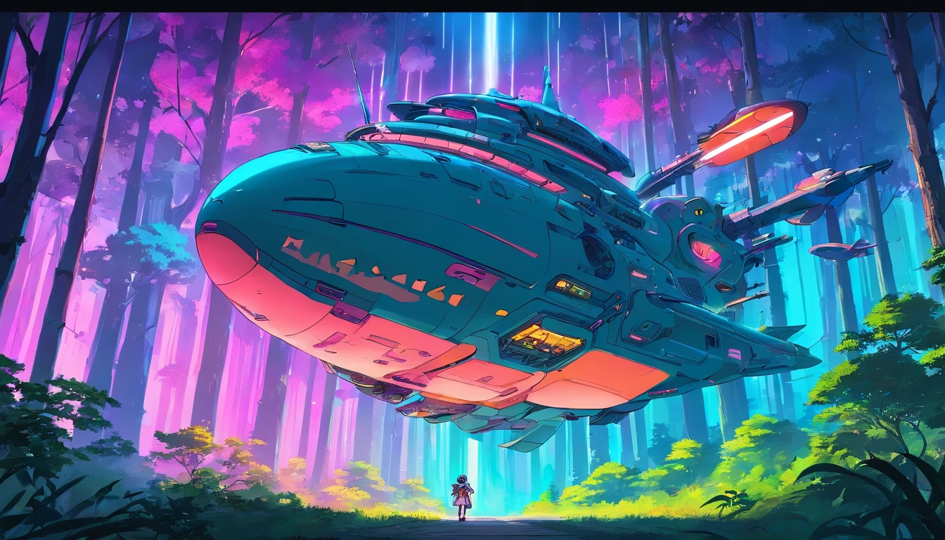 “((Best quality)), ((masterpiece)), ((dreamy)), ((synthwave punk)),"Imagine a dreamy fantastical dreamscape of detailed "spaceship sci fi anime" in forest, background are flying aliens monsters flying dragons in forest