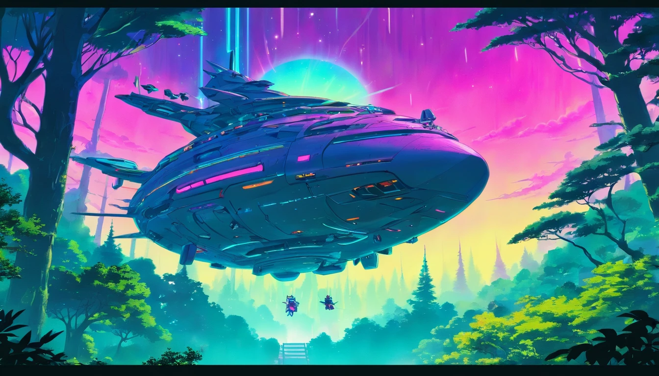 “((Best quality)), ((masterpiece)), ((dreamy)), ((synthwave punk)),"Imagine a dreamy fantastical dreamscape of detailed "spaceship sci fi anime" in forest, background are flying aliens monsters flying dragons in forest