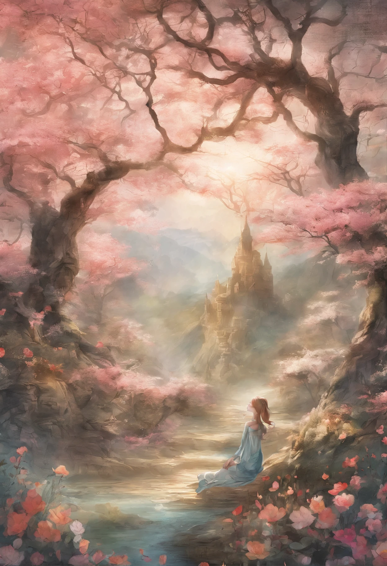 Field with beautiful flowers (close-up cleavage), meditate, Zazen, A meditative (Chinese landscape painting), (ink and watercolor painting), (8k wallpaper), (Light and Shadow Effect), rendering by octane, White balance design, Extremely detailed image representation, Wide angles, depth of fields, masterpiece, realistic, beautifully portrayed, a detailed, accurate, Masterpieces, masterpiece”