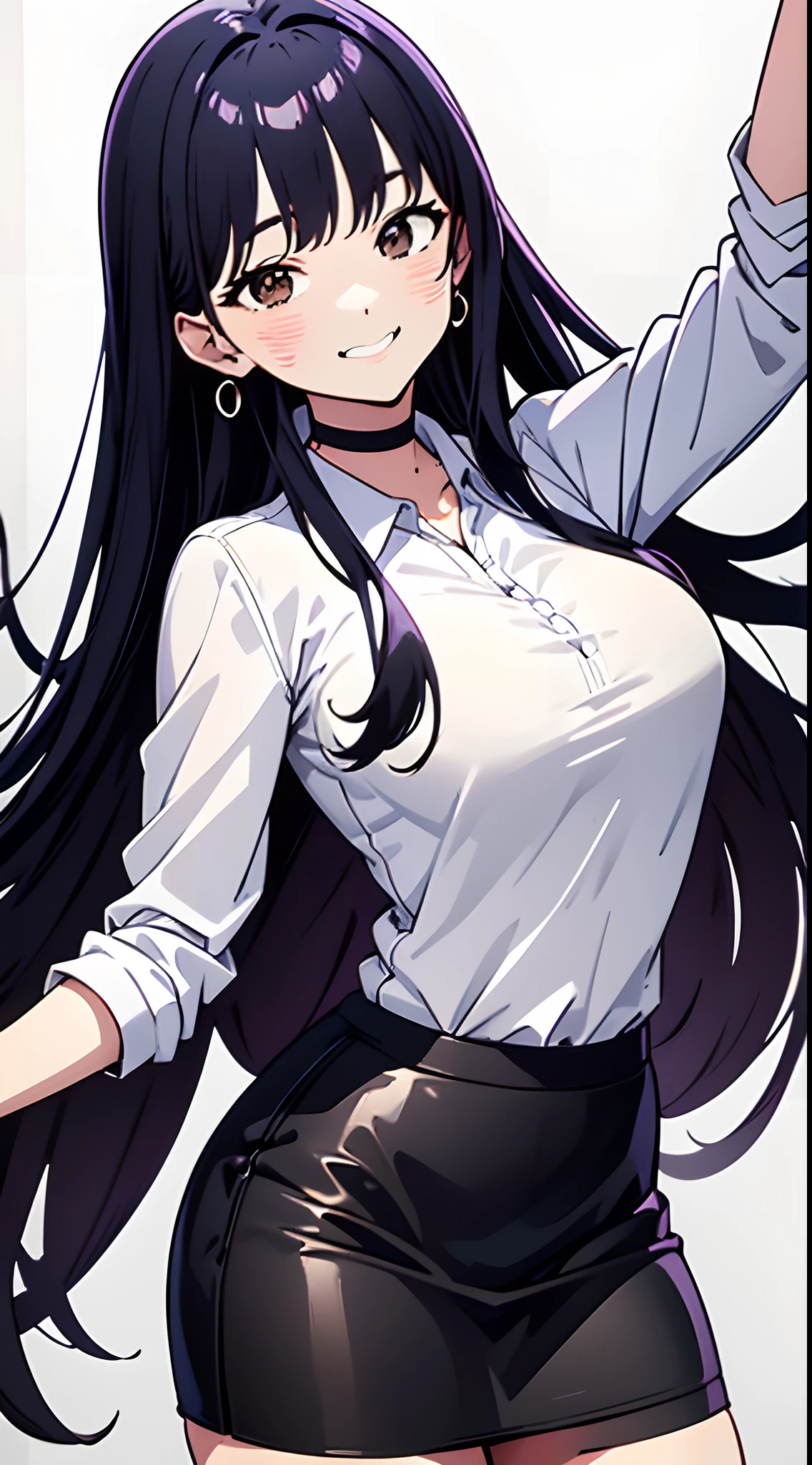8k, highres, ultra detailed, (masterpiece:1.4), best quality, symmetrical body, (white shirt:1.4), (black pencil leather skirt:1.4), choker, cute, solo, earrings, long hair, dark purple hair, Brown eyes, glow effect, finely eye, grinning, wide smile, detailed face, looking at viewer, smilling at viewer, office, standing, angled view, medium size breasts, teasing, seductive look