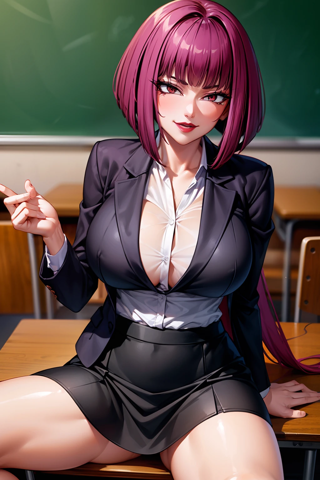 1girl,Oboro, mature female,purple hair, short hair, bangs, eyeshadow, low ponytail, lipstick, makeup, detailed face, red eyes,large breasts, black jacket, white shirt, teacher,suit skirt,office,smile,sitting,on table,