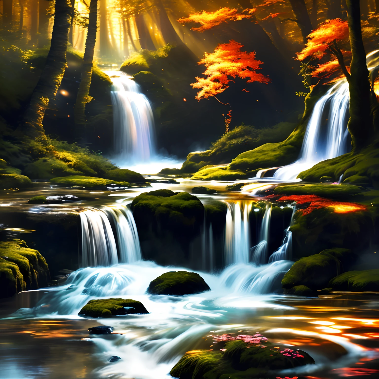 (best quality,4k,highres,masterpiece:1.2),ultra-detailed,realistic,fire elemental girl,forest,waterfall,fantasy,illustration,fiery red hair,golden eyes,gentle smile,magical atmosphere,mysterious lighting,flowing dress,enchanted forest,fairytale-like,ethereal beauty,serene expression,natural surroundings,vivid colors,dancing flames,sunlight filtering through trees,peaceful ambiance,warmth and glow,lively movement,harmonious composition,sunlit waterfall,captivating scene.