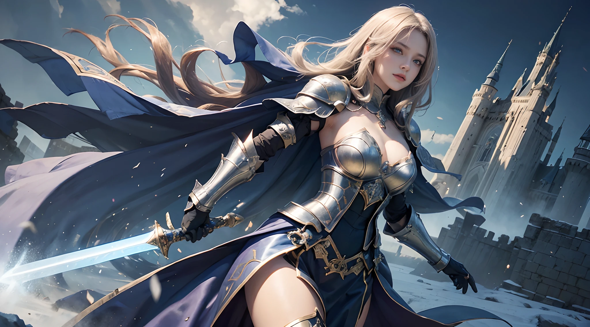 tmasterpiece,top-quality,best qualityer,((photorealestic:1.9)),(femele:1.4),(Large breasts),warrioress,Heavy armor,complex patterns,The background is the castle,dramatics,(magia:1.8),(Glowing sword:1.5),Mysterious symbol,dong