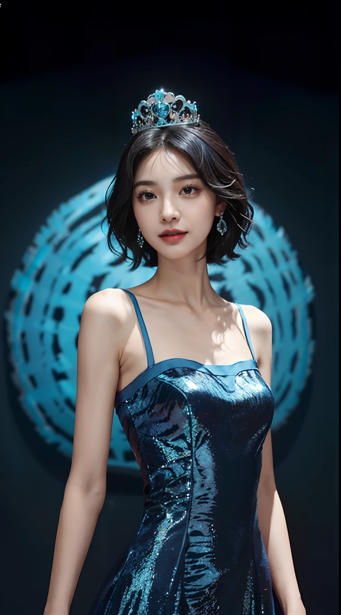 small head, (perfect bodies: 1.1), (short-length straight black short hair: 1.2), （极其细致的CG 8k壁纸），（Extremely refined and beautiful），（masterpiece），（best qualtiy：1.0），（超高分辨率：1.0），upper body，[A high resolution]，cheerfulness，Smile，Smooth and flawless fair skin，ultra - detailed,(Small breasts:1.1),Flat chest,Slim,thin,(gorgeous blue Peacock style princess Evening Dress:1.4),jewels,Teal background，from front，(Close shot:1.3),cowboy shot,(upperbody:1.3),bare shoulder,shoulder off