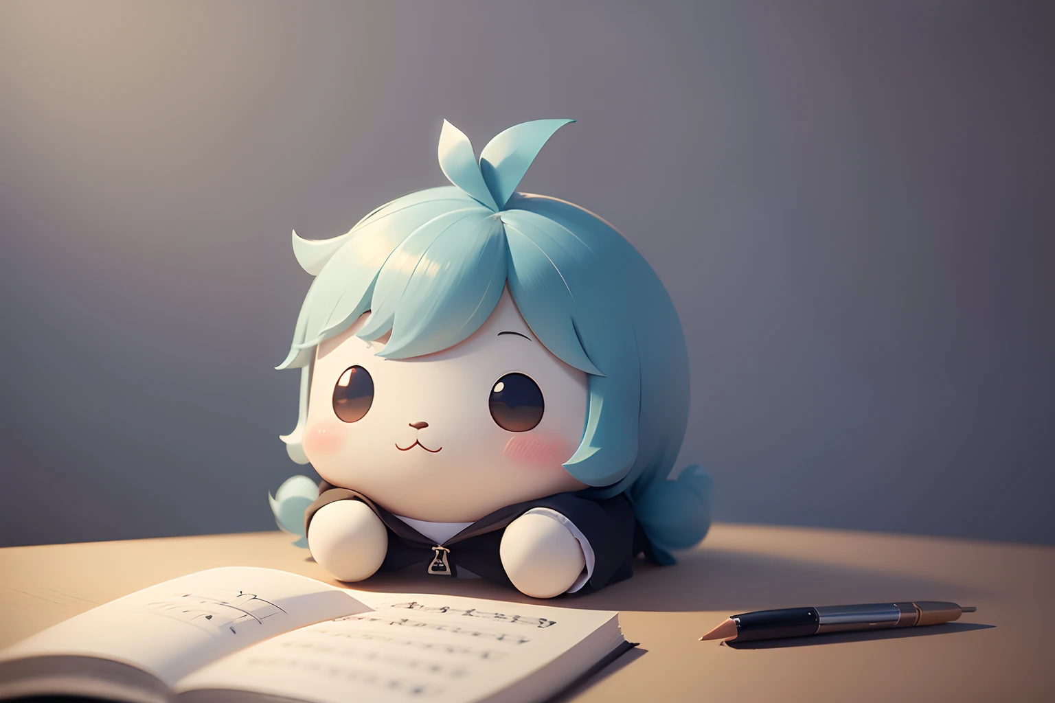 Desk illustration drawn in cartoon style. Add natural elements, As a plant or flower, Eta、Uses a soft color palette to create a relaxed atmosphere、G clef、musical note、４Breaks、cute little、stele、white backgrounid、without background、Simple background、dk、cute little、Has a small、PastelColors、vector image style、no gradien、