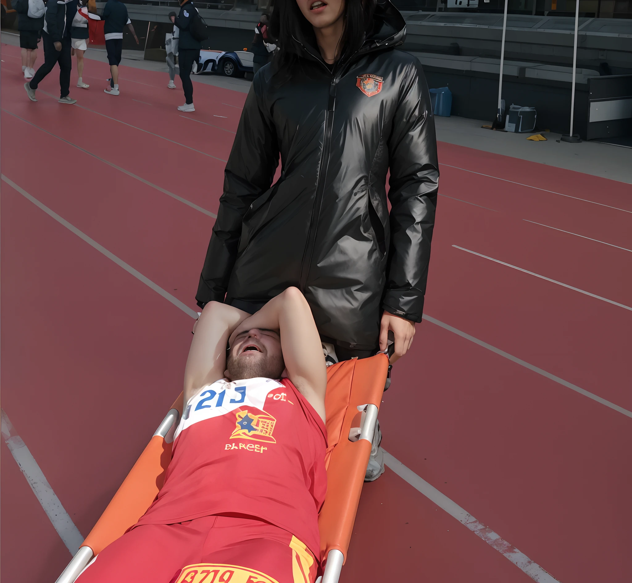 an excessively madeup teenage girl in a laquered coat, a passionately shouting teenage-girl in a laquered coat, there is a sportsman in white shorts and a white t-shirt lying injured on a stretcher, there is an injured sportsman who is covering his face on a stretcher, an injured sportsman is covering his face with his hands, an injured sportsman is writhing in ecstasy on a stretcher, dramatic pity pose, there is a latino woman in a high-shine puffy coat, a high-shine black down coat, a long black moncler coat, a wetlook down coat, a wet black laquered coat, a latino wife is wearing a wetlook black uniform, injured, medic, very professional, soccer action pose, affection pose, lecherous action pose, dramatic action pose, theatralic pose, there is an attractive woman that is carrying a skinny man, there is a beautiful woman in a shiny coat who is carrying a blond man on a wetlook orange stretcher, a longhaired beautiful woman in a high-shine black puffy coat, a longhaired woman in a shiny downcoat, a woman is carrying a shorthaired man who is wearing shorts and a t-shirt, a weak man in spots shorts is consciousless and needs to be carried, a shorthaired man with closed eyes is carried on a stretcher by a longhaired woman, a woman looks very scared and terrified, a consciousless man with closed eyes is suffering very much and has a very painful face, photo, photo shoot, photographed , accident, help, aid, first aid, pity, a very agonised male face with beard shadow screaming out in pain