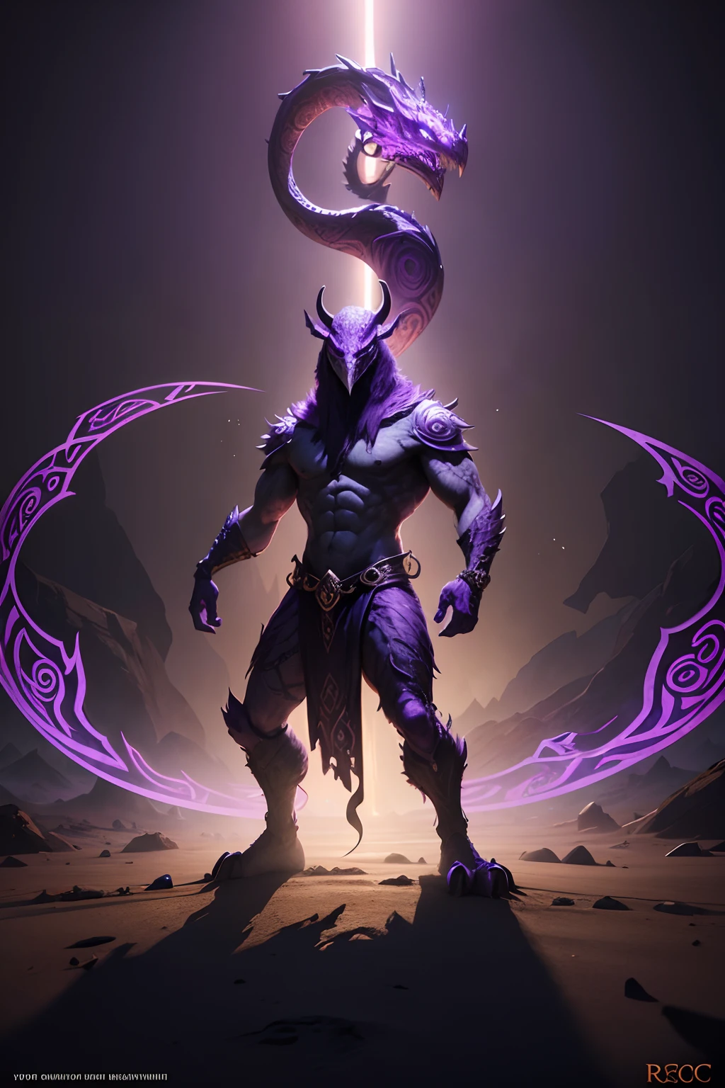 snake mask creature, druid style, purple and black colors, casting spell pose, full body, Animal Anthropomorphism, realistic digital, humanoid, abstract background, global illumination, intricate, epic, dramatic, masterpiece, high detail, best quality, ultra high res