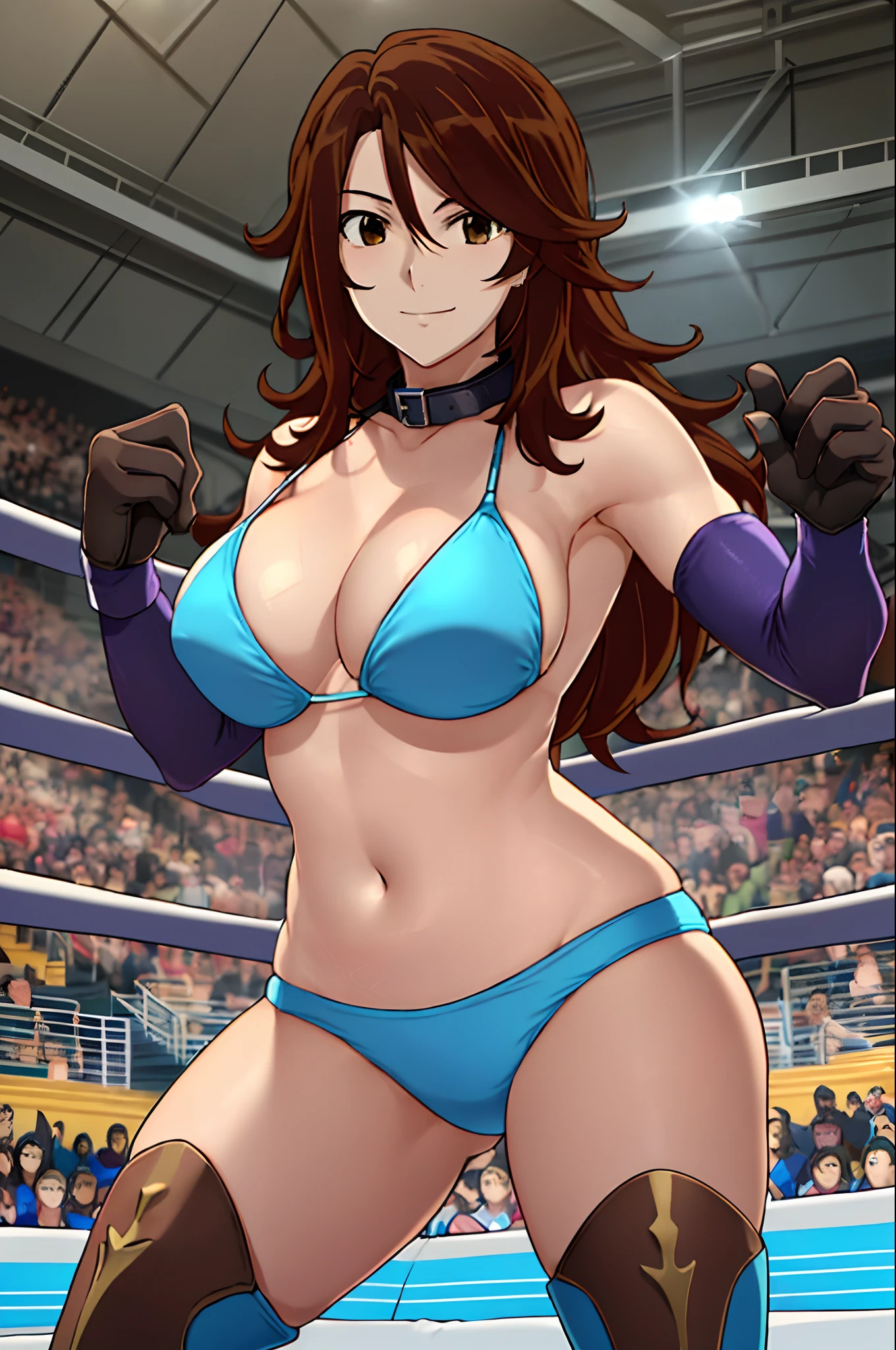 cowboy shot, upper body view, anime style: 1.8, anime drawing, ultra detailed face, ultra detailed body, 4k, Sumergai Lee Noriega, (standing), best quality, anime style, hires, highest definition, digital blending, bold drawing lines, ((slender body, female wrestler), (location: wrestling arena, crowds watching), (slender body, broad shoulders), mature woman, ((blue wrestling gear: blue micro bikini, boots, gloves, collar band, black bikini)), victorious, winner, smile, (big breasts), (big eyes, brown eyes), (warming up), (brown, long hair), 27 years old,