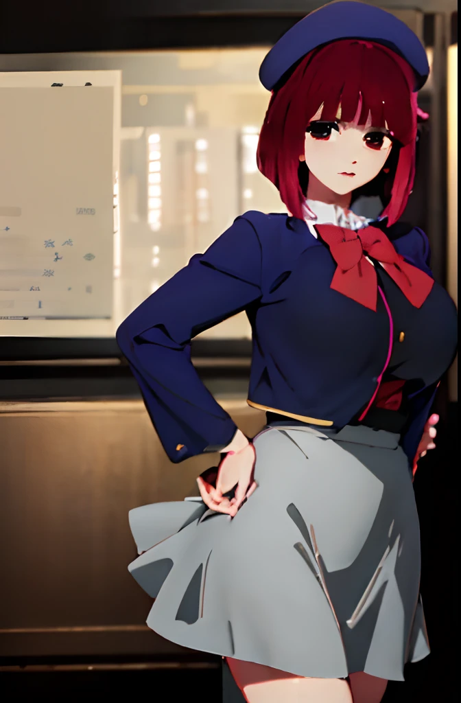 (​masterpiece:1.3), (top-quality:1.3), (hight resolution), hight resolution, (full_body, front view,:1.3), Perfect female body, (beatiful detailed eyes, Beautiful detailed lips), (Handle Hair), (intricate detailes:1.3), (The ultra-detailliert:1.3), (illustratio:1.3), (foco nítido:1.3), (1girl in, 独奏), School_uniform, The shirt, skirt by the, Violet Beret, Pink_red bowtie, violet jaket, (Huge breasts:1.4), kana_Arima\(oshi no ko\), Arima Kana \(oshi no ko\), Looking at the viewer,