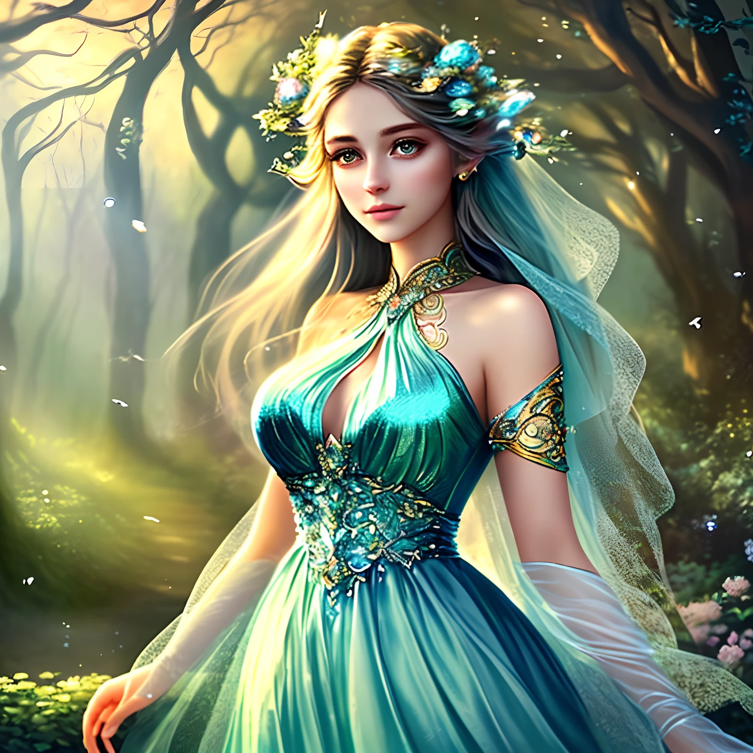 beautiful detailed eyes,beautiful detailed lips,extremely detailed eyes and face,long eyelashes,fantasy,illustration,soft lighting,ethereal,dreamy color palette,magical background,enchanted garden setting,sparkling atmosphere,flowing dress,elemental powers,radiant glow,serene expression,graceful posture,surreal beauty,whimsical elements,delicate features,peaceful ambiance,enchanted forest,fantasy creatures,gentle breeze,golden sunlight,ethereal glow,ethereal beauty,pure magic