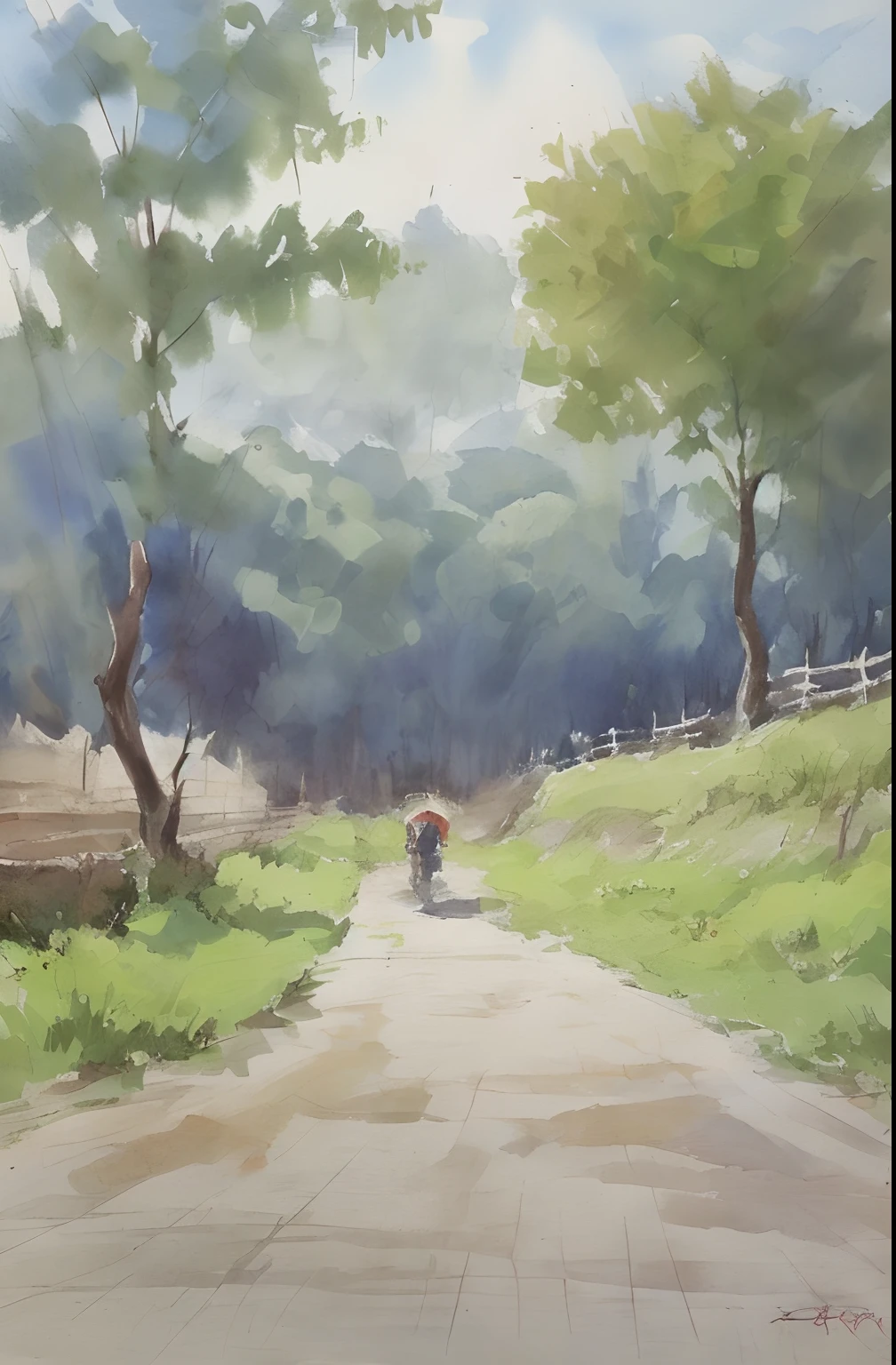 Watercolor painting , scence of BURMA(MYANMAR), small path of  rural houses, trees, bright sun, shade,
