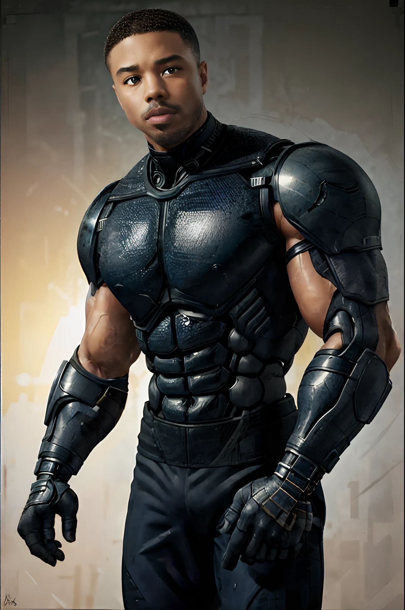 actor ((Michael B. Jordan)) as Jackson Briggs from Mortal Kombat, special forces soldier, ((cybernetic arms and hands)), muscular, imposing figure, military-style clothing, ((in a gym)), intricate, high detail, sharp focus, dramatic, photorealistic painting art by greg rutkowski