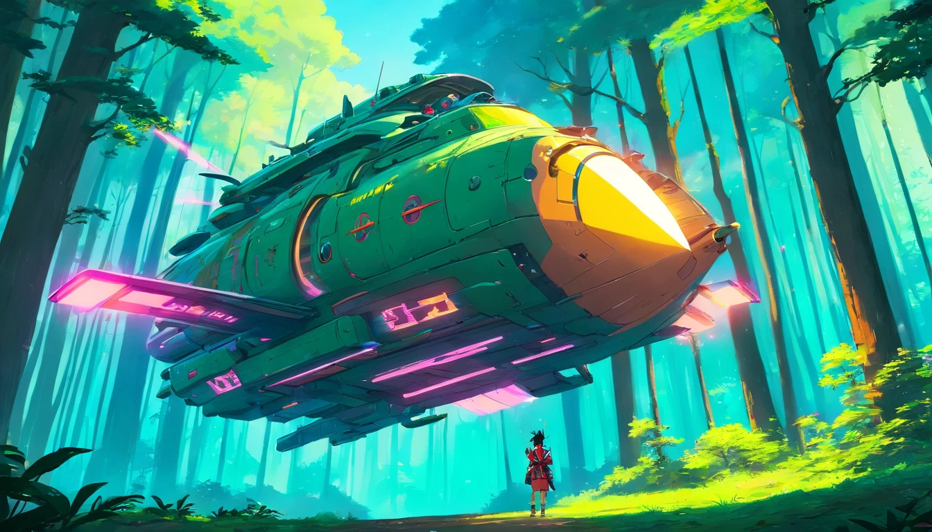 “((Best quality)), ((masterpiece)), ((dreamy)), ((synthwave punk)),"Imagine a dreamy fantastical dreamscape of detailed "samurai spaceship sci fi anime" in forest, background are flying samurai in forest