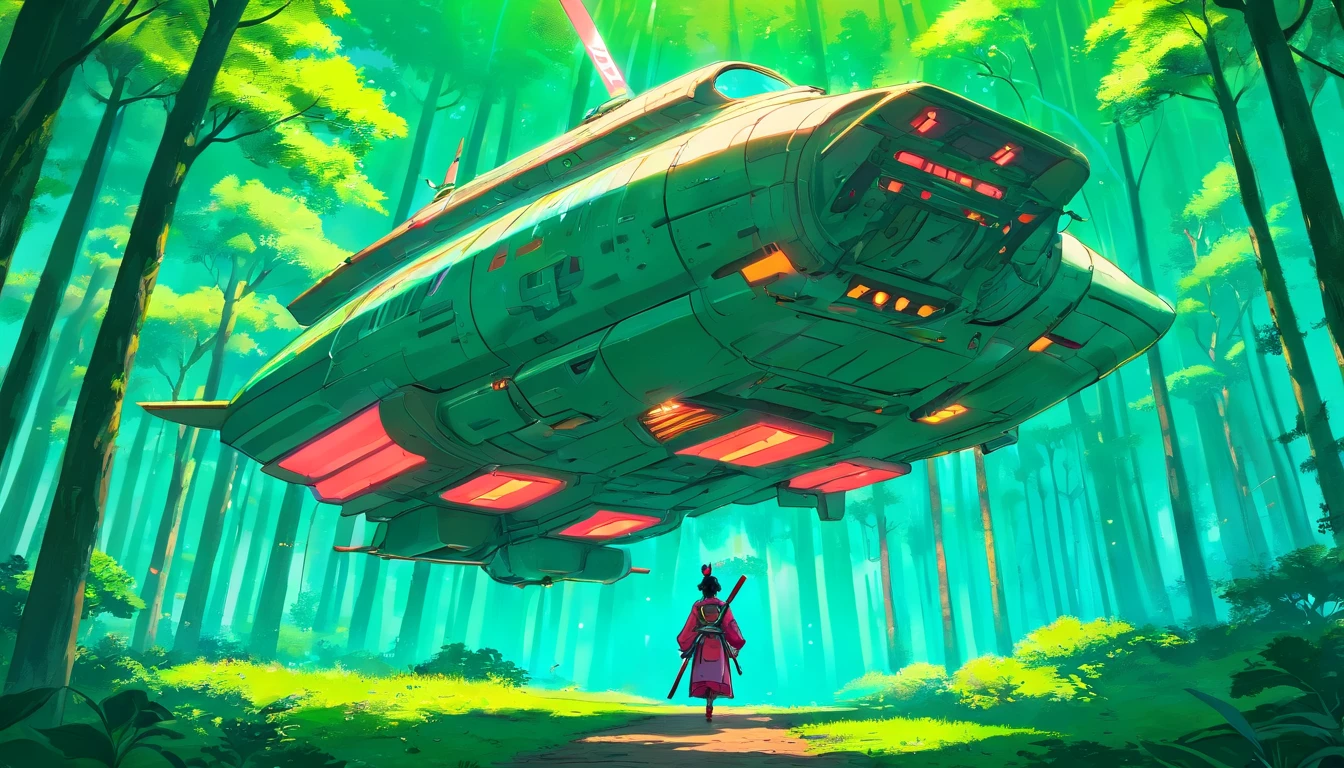 “((Best quality)), ((masterpiece)), ((dreamy)), ((synthwave punk)),"Imagine a dreamy fantastical dreamscape of detailed "samurai spaceship sci fi anime" in forest, background are flying samurai in forest