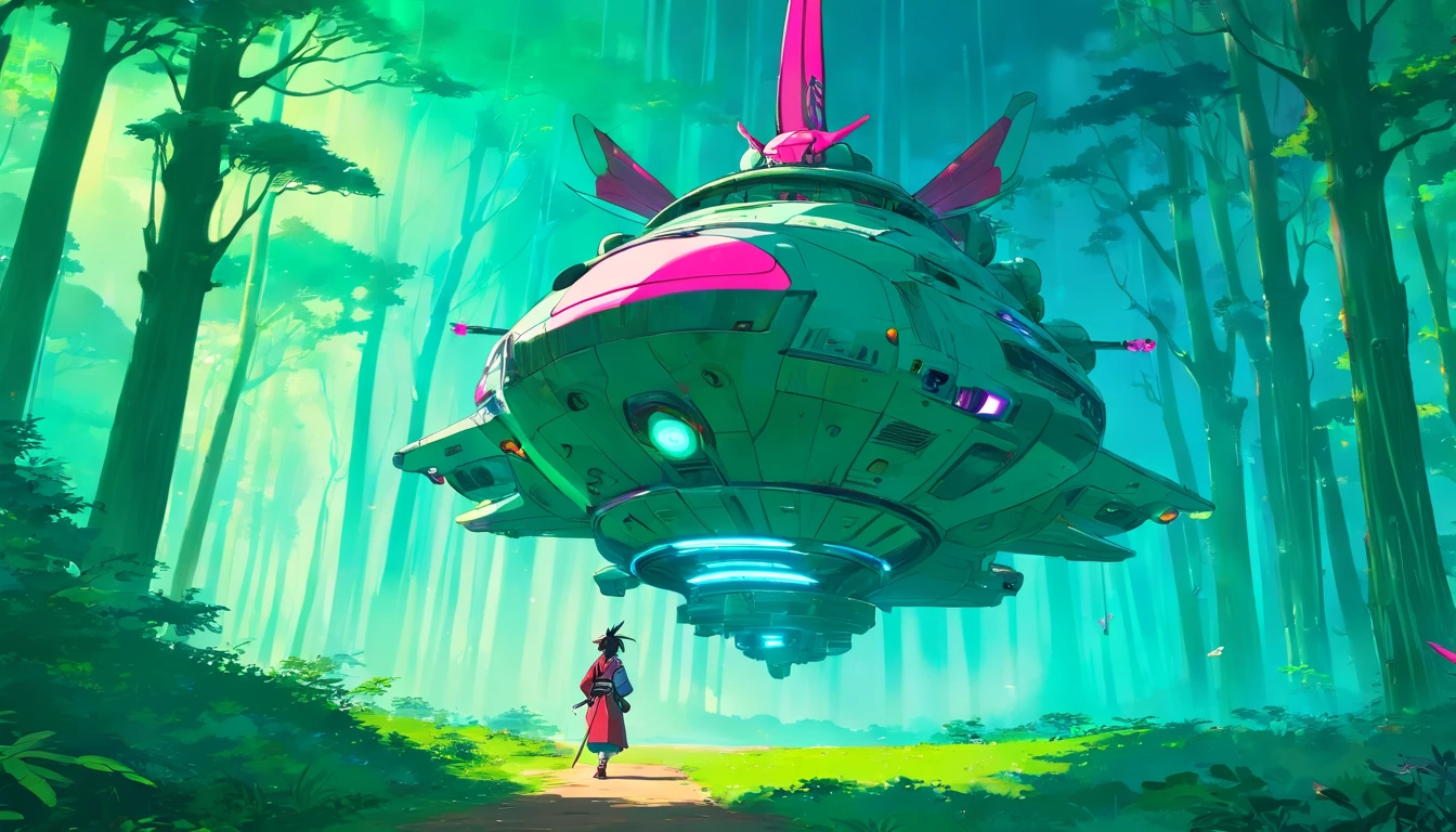 “((Best quality)), ((masterpiece)), ((dreamy)), ((synthwave punk)),"Imagine a dreamy fantastical dreamscape of detailed "samurai spaceship sci fi anime" in forest, background are flying samurai in forest