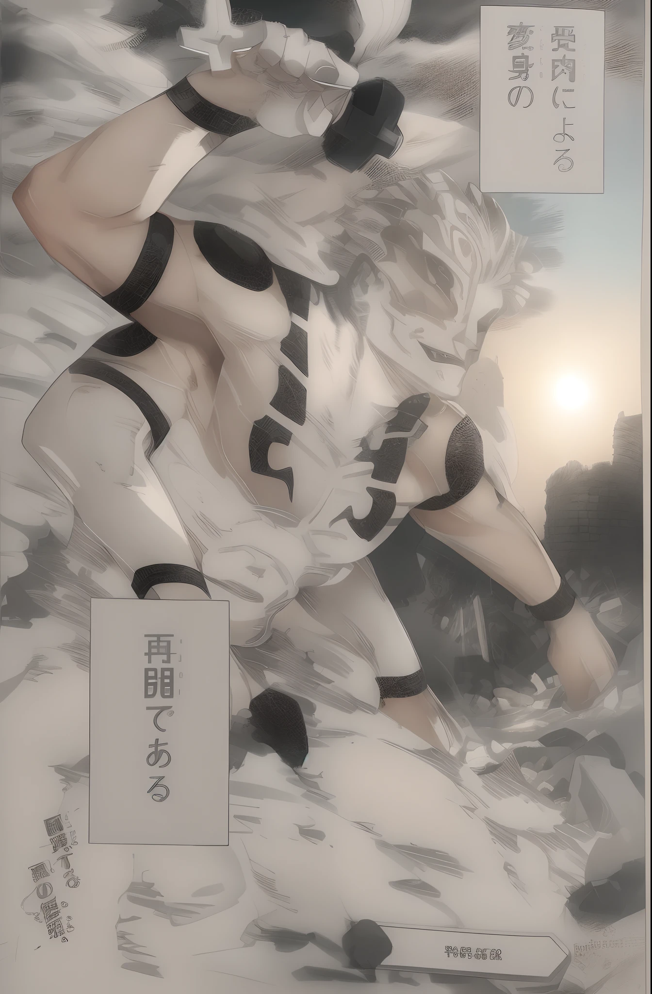 One men, white skin, four arm,smile face, white clear eyes, black hair, body black tattoo, rock background, sky, morning wether, sunlight, Sunny,