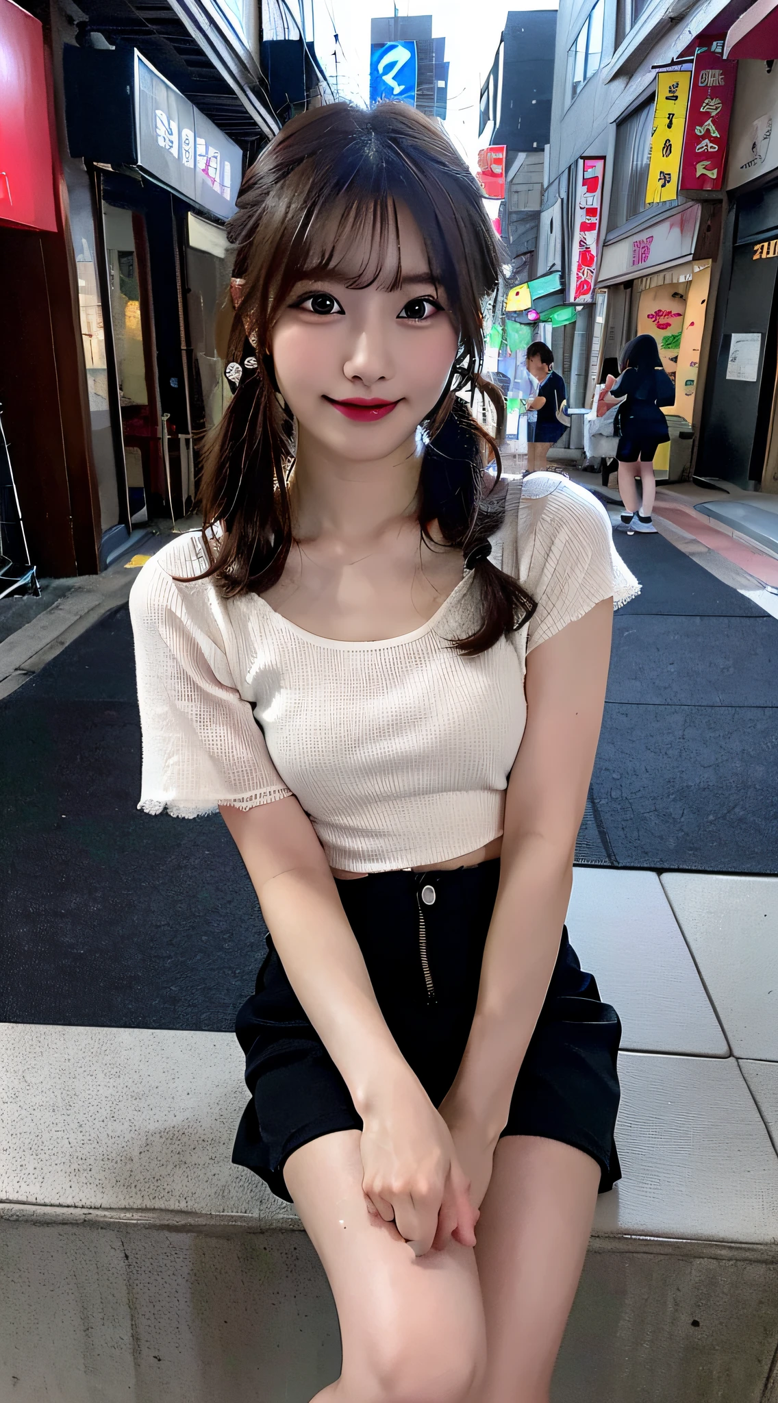 Top quality, ultra high resolution, (photorealistic: 1.4), 1 girl, off-shoulder white shirt, looking at the viewer, close-up, elongated legs, small, dazzling light, 15 years old, smooth ponytail, beautiful legs, shiny skin, navel, best lighting, (white stockings with garter belt, thighs), young face, shopping street, white ribbon on the head, black shorts, Pink dress, white belt