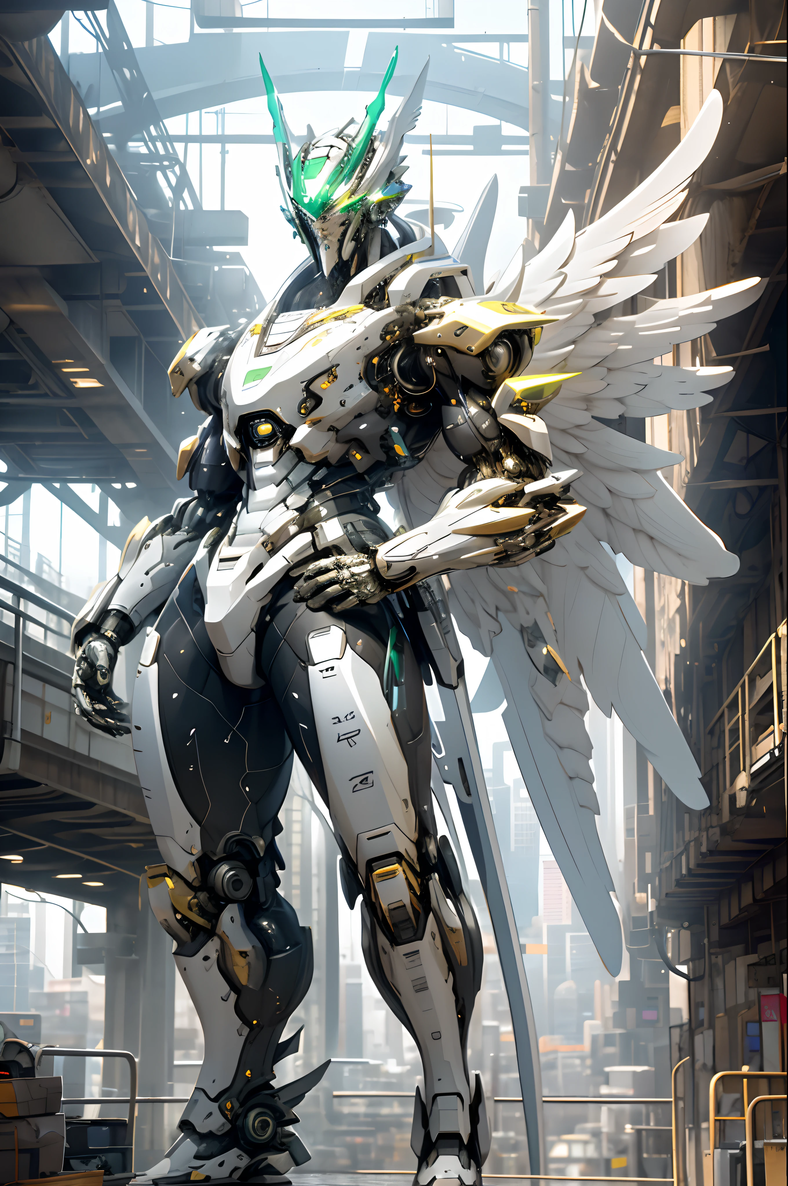 masterpiece, (best quality), (ultra-detailed), (ultra-realistic:1.2), landscape, sci-fi, transistorpunk, cyberpunk, biopunk, rim lighting,neon lighting, ray tracing,(gray, white), male huge robot fullbody zoom, mechanical angel wings on the back, angel wings, future town, dynamic pose, dynamic angle, , luxury, (gold, silver, green),
