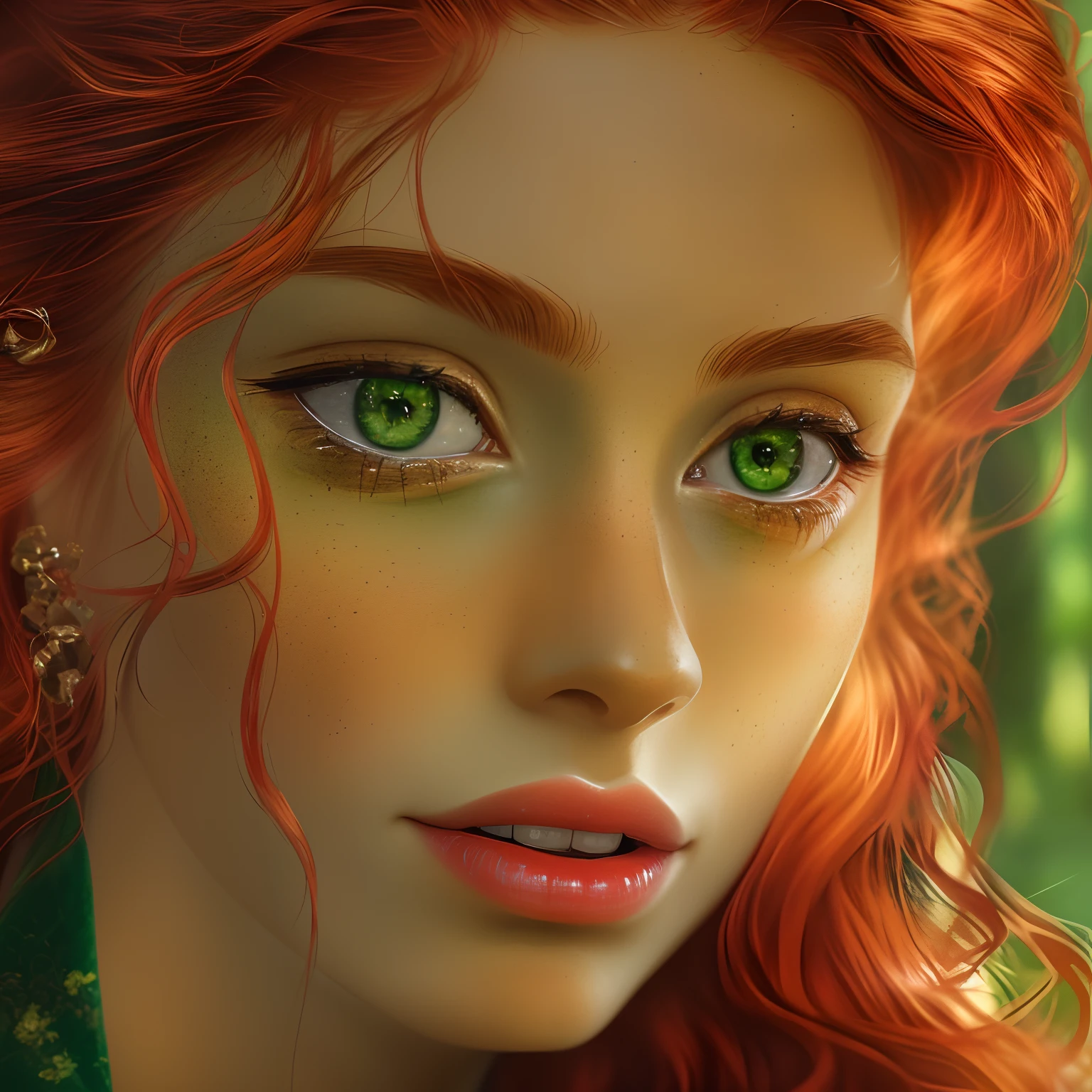 (best quality,4k,highres,masterpiece:1.2),ultra-detailed,(realistic,photo-realistic:1.37),red-haired girl,beautiful detailed eyes,beautiful detailed lips,long eyelashes,emerald green dress,fiery background,stand-alone portrait,warm and vibrant colors,soft and diffused lighting,subtle shadows.