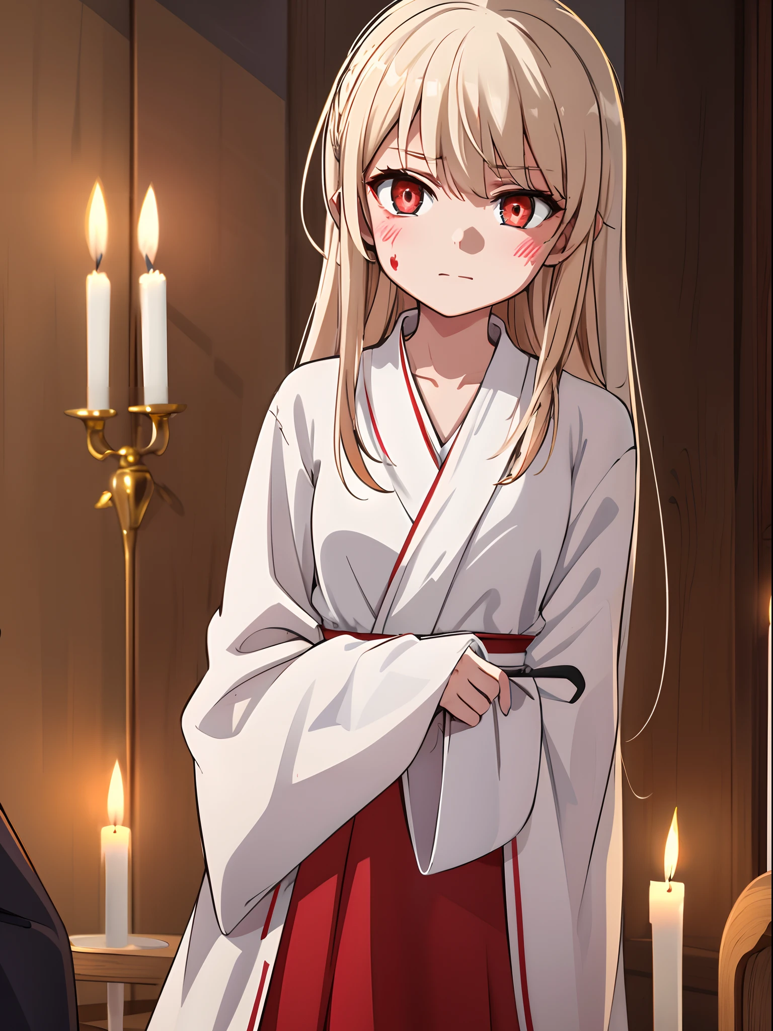In a dark world，A light of white wax，Illuminated，The face of a pale girl，The girl's eyes were blood red，Wear the priest's robe，He looked at the white candle。