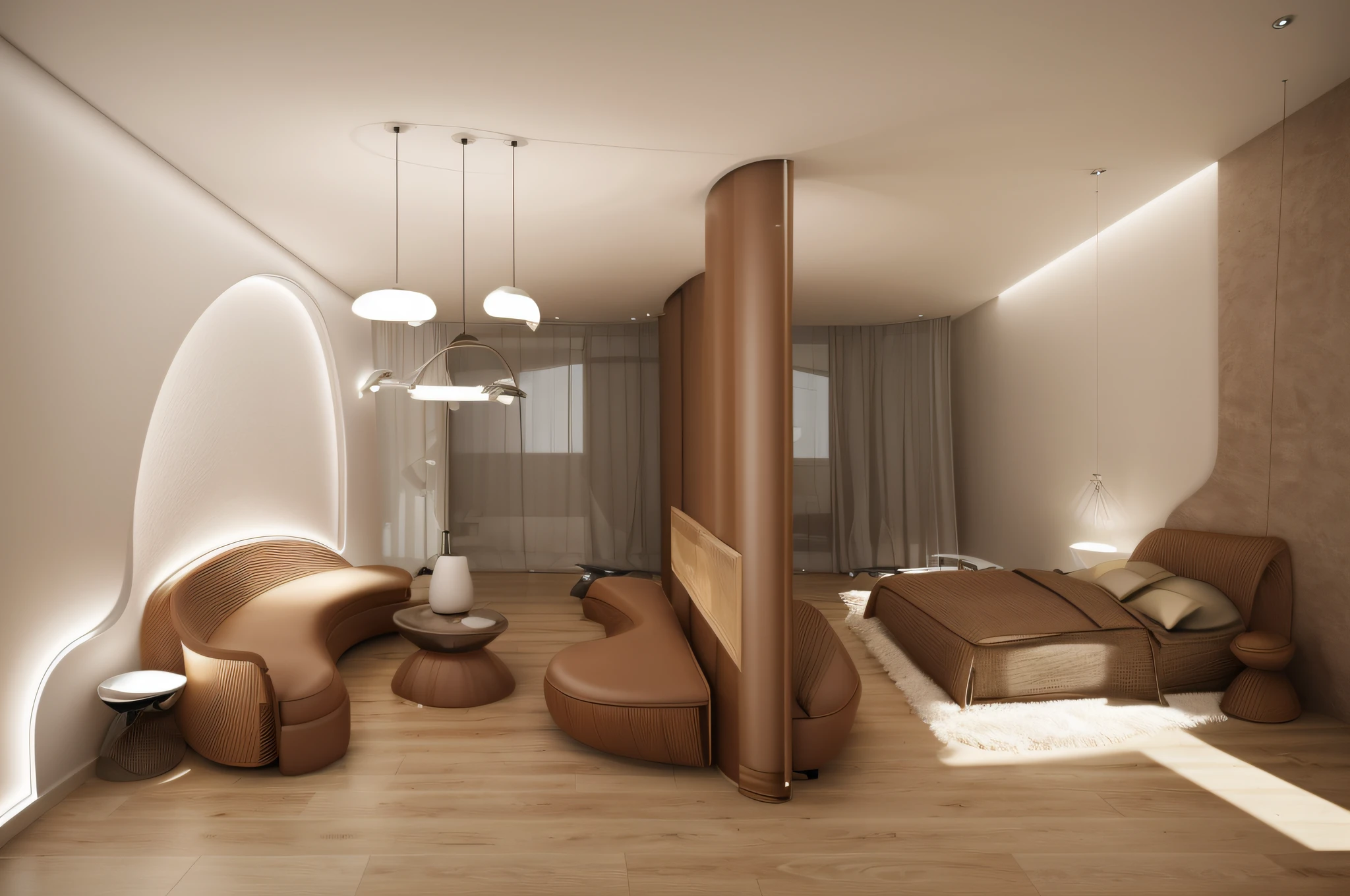 bedroom interior, modern style, curved wall, curved form, curved corner,