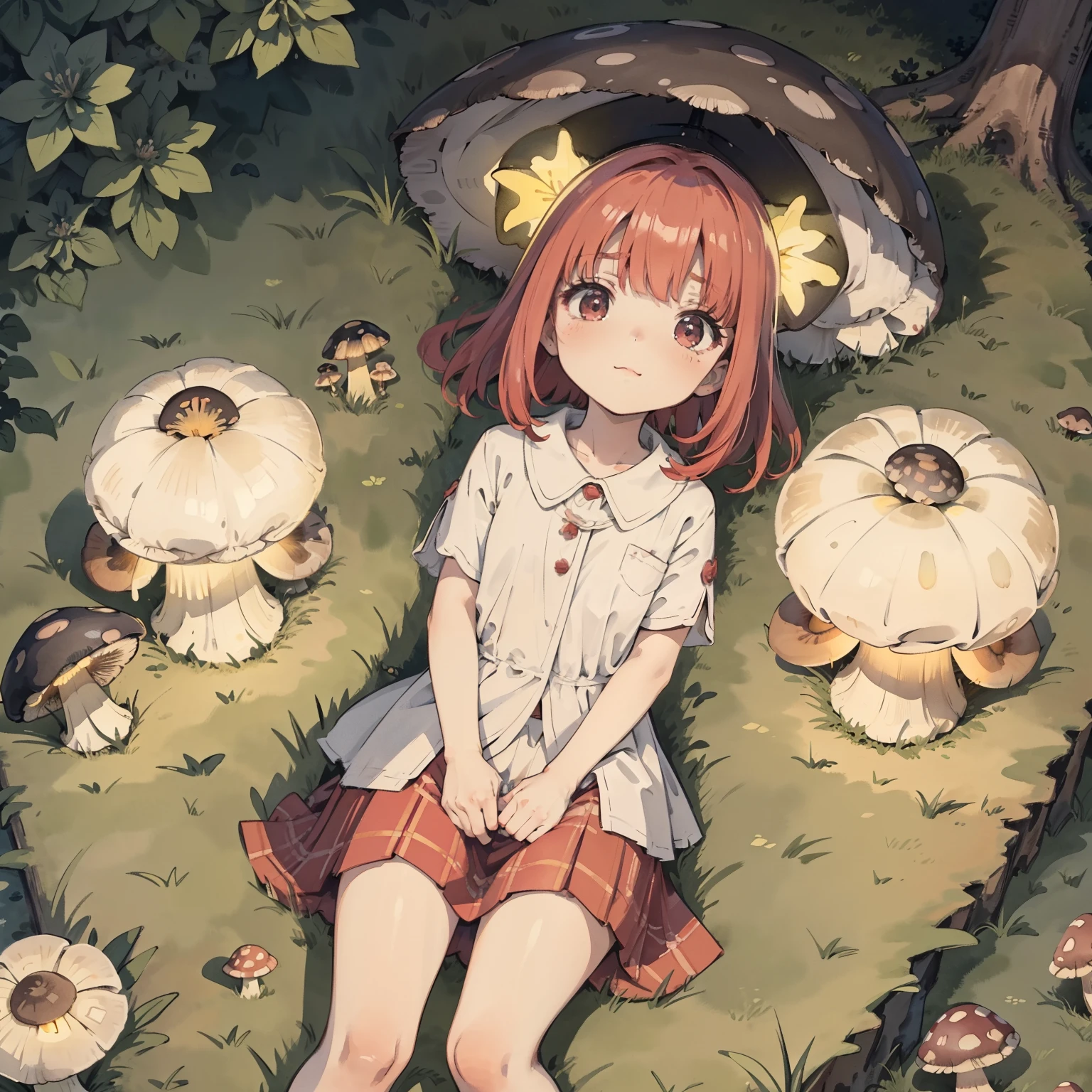 Beautiful and aesthetic,, Solo,Cute,Bright red hair,pleatedskirt，lying on the grass ground，Cogumelos，Mushrooms，Huge mushrooms，spore，(glowing ambiance, enchanting glow, luminouslighting, Ethereal atmosphere,Watercolor illustration, Perfect ???????, Masterpiece, Best quality, 1girll, Loli,elementary student,Nature, landscape