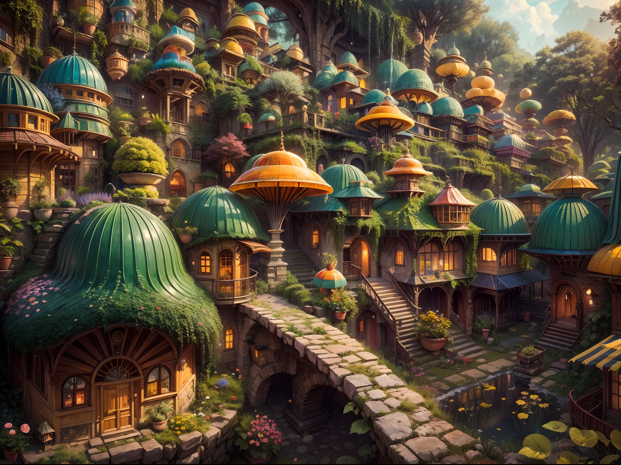 (best quality,4k,8k,highres,masterpiece:1.2),ultra-detailed,(realistic,photorealistic,photo-realistic:1.37),an otherworldly city,a city of the small ones,aerial view,ultra wide angle,ultra wide shot,countless mushroom houses,unique mushroom houses,mushrooms made into small houses,various sizes and shapes of mushroom houses,vibrant colors,lively atmosphere,enchanted landscape,winding pathways,enchanted forest,tall trees,overgrown vegetation,twinkling lights,fairy tale charm,magical atmosphere,mystical aura,sunlight filtering through the leaves,soft shadows,dreamy ambiance,ethereal beauty,whimsical architecture,fantasy world,imagination unleashed,innovative design,quirky details,playful elements,hidden nooks and crannies,secret passages,curved rooftops,colorful tiles,ornate doors and windows,cozy balconies,climbing vines,flowering plants,enchanted garden,peaceful calm,trickling fountains,serene ponds,reflective surfaces,unusual landscapes,surreal colors,otherworldly creatures,friendly inhabitants,bustling marketplaces,street performers,musicians playing magical tunes,delicious aromas,exotic spices,unique crafts,excitement and wonder,joyful laughter,lively conversations,endless exploration.