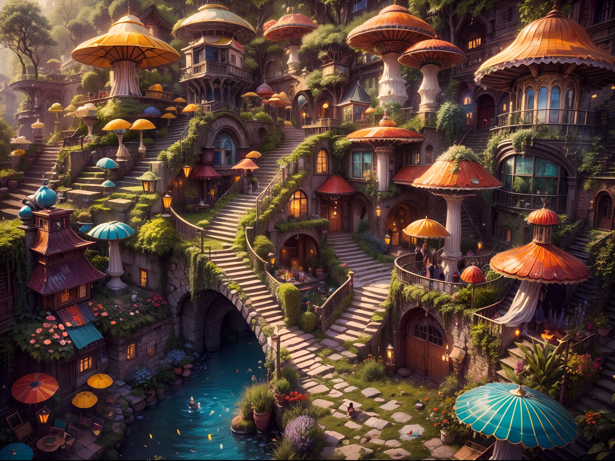 (best quality,4k,8k,highres,masterpiece:1.2),ultra-detailed,(realistic,photorealistic,photo-realistic:1.37),an otherworldly city,a city of the small ones,aerial view,ultra wide angle,ultra wide shot,countless mushroom houses,unique mushroom houses,mushrooms made into small houses,various sizes and shapes of mushroom houses,vibrant colors,lively atmosphere,enchanted landscape,winding pathways,enchanted forest,tall trees,overgrown vegetation,twinkling lights,fairy tale charm,magical atmosphere,mystical aura,sunlight filtering through the leaves,soft shadows,dreamy ambiance,ethereal beauty,whimsical architecture,fantasy world,imagination unleashed,innovative design,quirky details,playful elements,hidden nooks and crannies,secret passages,curved rooftops,colorful tiles,ornate doors and windows,cozy balconies,climbing vines,flowering plants,enchanted garden,peaceful calm,trickling fountains,serene ponds,reflective surfaces,unusual landscapes,surreal colors,otherworldly creatures,friendly inhabitants,bustling marketplaces,street performers,musicians playing magical tunes,delicious aromas,exotic spices,unique crafts,excitement and wonder,joyful laughter,lively conversations,endless exploration.