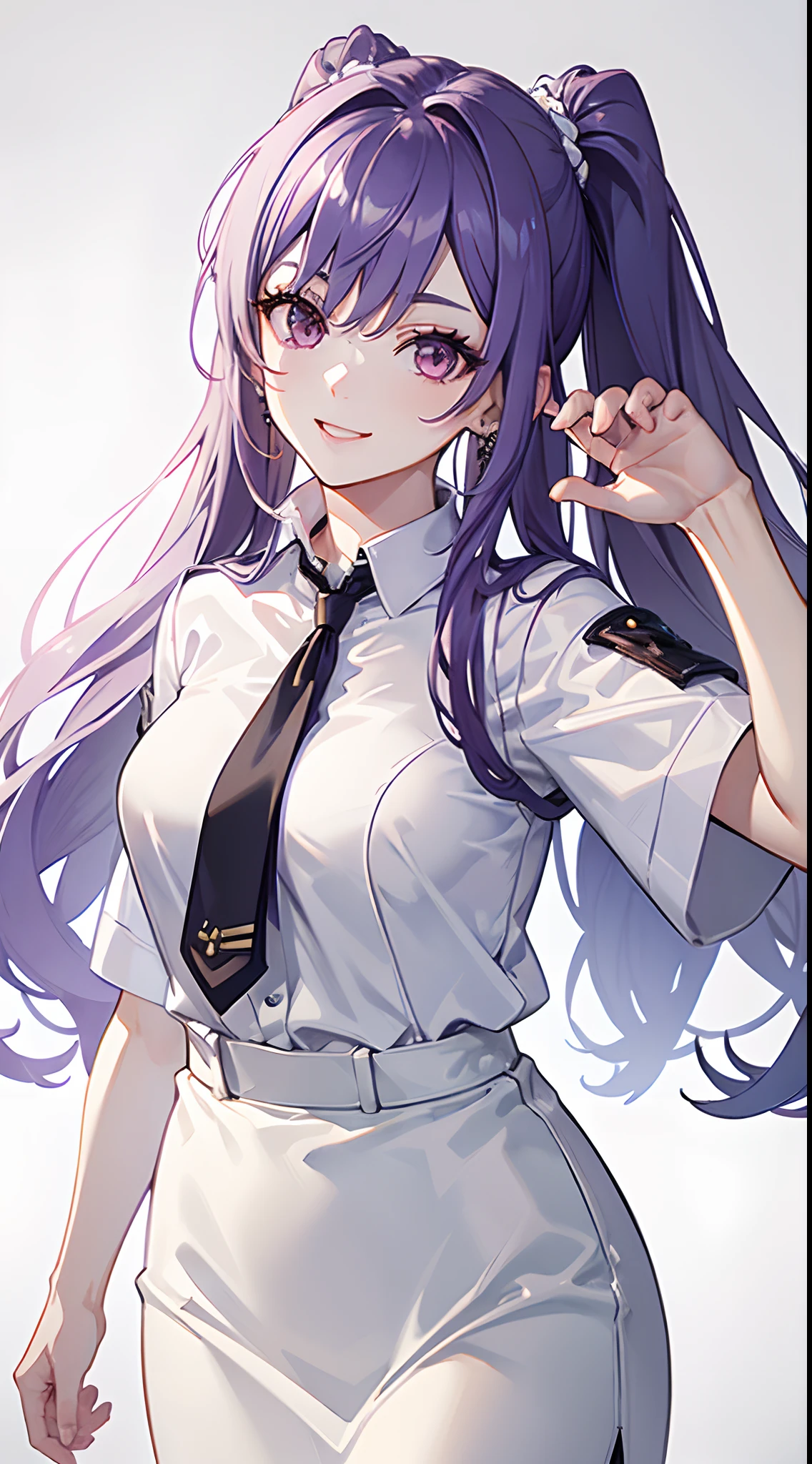 8k, highres, ultra detailed, (masterpiece:1.4), best quality, symmetrical body, (white shirt:1.4), (black pencil leather skirt:1.4), choker, cute, solo, earrings, ponytails, long hair, purple hair, purple eyes, glow effect, finely eye, grinning, wide smile, detailed face, looking at viewer, smilling at viewer, office, standing, angled view, medium size breasts, teasing, seductive look