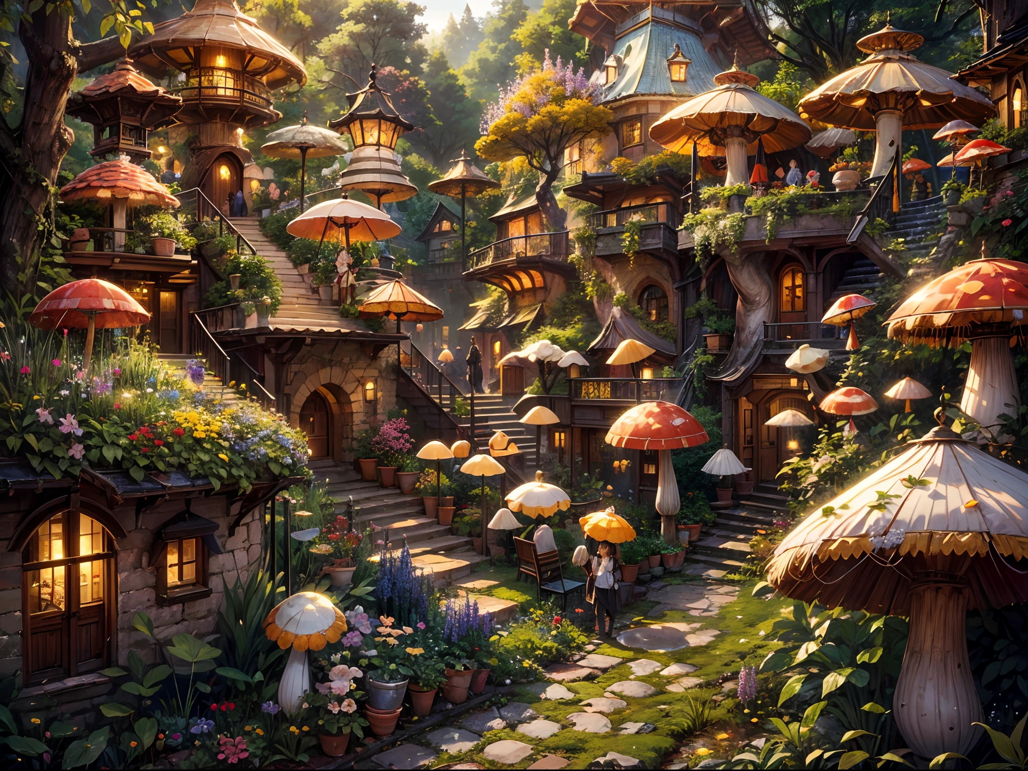 (best quality,4k,8k,highres,masterpiece:1.2),ultra-detailed,(realistic,photorealistic,photo-realistic:1.37),an otherworldly city,a city of the small ones,aerial view,ultra wide angle,ultra wide shot,countless mushroom houses,unique mushroom houses,mushrooms made into small houses,various sizes and shapes of mushroom houses,vibrant colors,lively atmosphere,enchanted landscape,winding pathways,enchanted forest,tall trees,overgrown vegetation,twinkling lights,fairy tale charm,magical atmosphere,mystical aura,sunlight filtering through the leaves,soft shadows,dreamy ambiance,ethereal beauty,whimsical architecture,fantasy world,imagination unleashed,innovative design,quirky details,playful elements,hidden nooks and crannies,secret passages,curved rooftops,colorful tiles,ornate doors and windows,cozy balconies,climbing vines,flowering plants,enchanted garden,peaceful calm,trickling fountains,serene ponds,reflective surfaces,unusual landscapes,surreal colors,otherworldly creatures,friendly inhabitants,bustling marketplaces,street performers,musicians playing magical tunes,delicious aromas,exotic spices,unique crafts,excitement and wonder,joyful laughter,lively conversations,endless exploration.