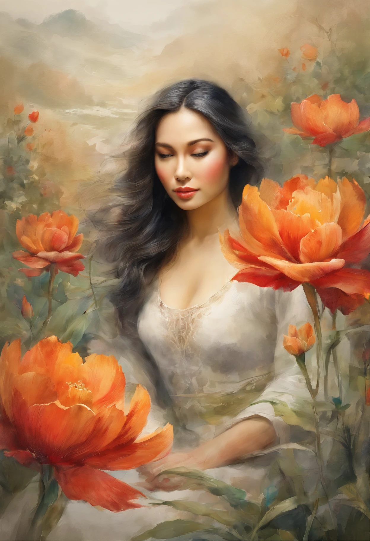 Field with beautiful flowers (close-up cleavage), meditate, Zazen, A meditative (Chinese landscape painting), (ink and watercolor painting), (8k wallpaper), (Light and Shadow Effect), rendering by octane, White balance design, Extremely detailed image representation, Wide angles, depth of fields, masterpiece, realistic, beautifully portrayed, a detailed, accurate, Masterpieces, masterpiece”