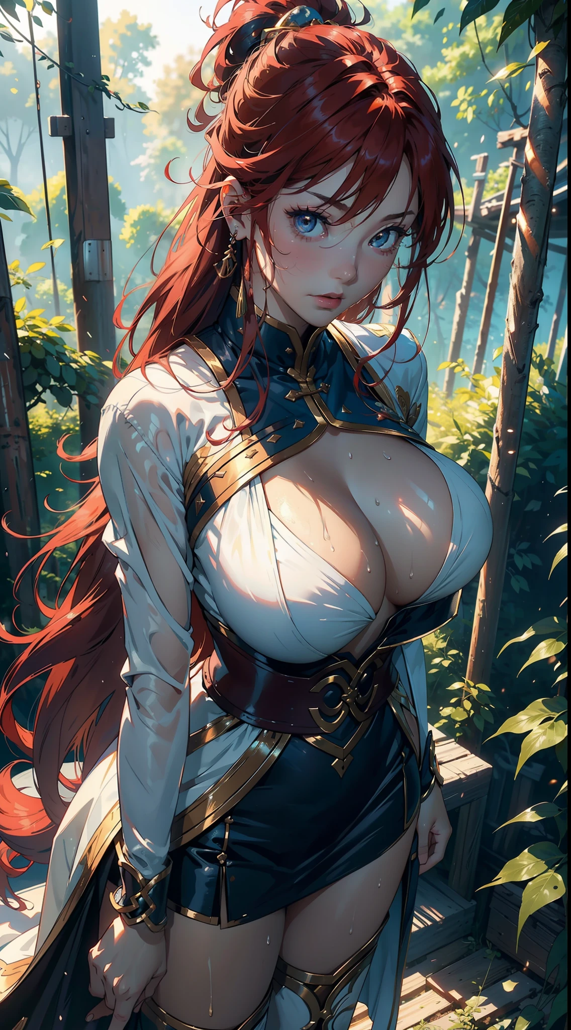1female,25 yers old,Huge breasts, 独奏,Saint Seiya,shairband,coniferous forest, She has short flowing bright red hair, standing on your feet,Bigchest,Wet straight hair,Sweat profusely,drenched all over the body, From the front side, hair straight, mostly cloudy sky,(((tmasterpiece),(Very detailed CG unity 8K wallpaper),best qualtiy,cinmatic lighting,detailed back ground,beatiful detailed eyes,Bright pupils,(Very fine and beautiful),(Beautiful and detailed eye description),ultra - detailed,tmasterpiece,)),facing at camera,A high resolution,ultra - detailed),beautifullegs,,Emotive expressions,Open-mouthed,Chest sagging,,extremely large bosom,Extremely colorful,Most detailed,fully body photo,The face is well lit, close up shot, zoomed in