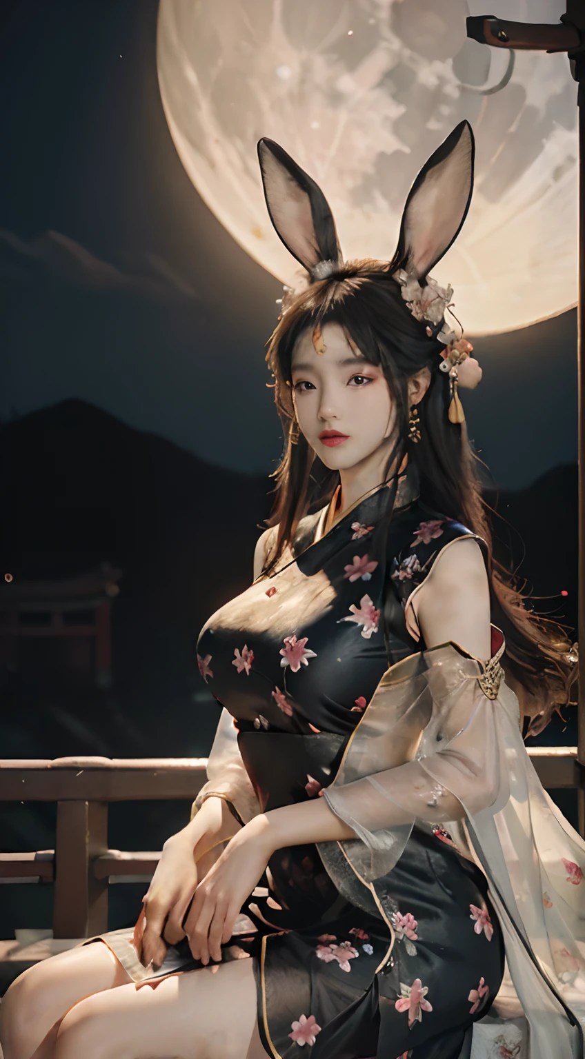 Chang'e，(((Hanfu)))，(((period costume)))，(((Tang and Song court costumes)))，(((Huge Moon)))，sitted，((hold))(((Big rabbit)))，Skysky，Sit Pose，Top CG，Highest image quality，tmasterpiece，Delicate and delicate beautiful girl，(Tall and tall)，Royal Sister，Queen temperament，with fair skin，(((long leges)))，Perfect facial features，Bright eyes，Enchanting pose，Red lips，Beautiful and cold， (((Big breasts))),Beautiful and handsome，Long black silky hair，glittery，Skin is visible through see-through，(((Floral dress)))，8K quality，(Realistic portraits)，Characters fill the frame，((Face lighting)),